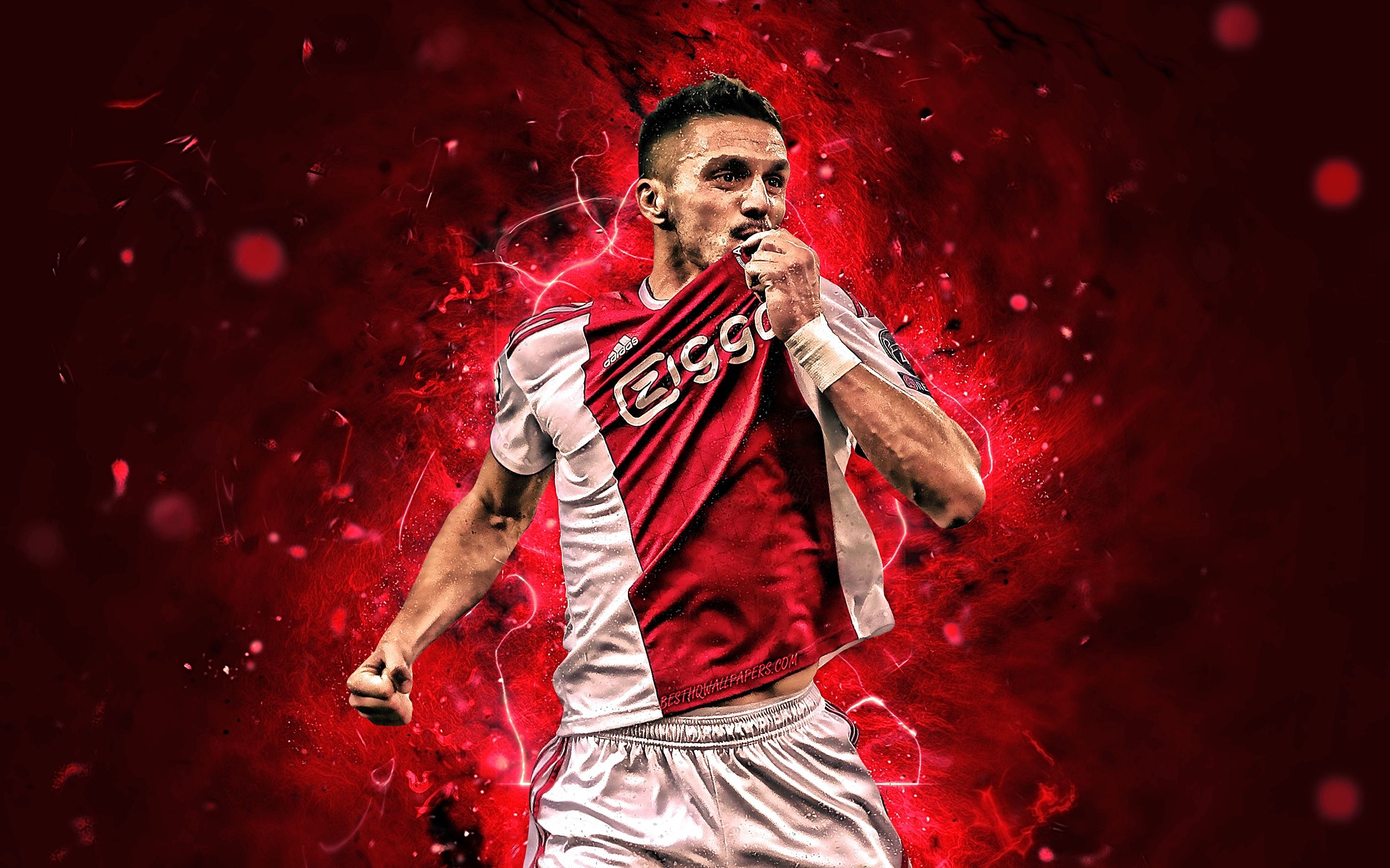 2880x1800 Download wallpaper Dusan Tadic, goal, Ajax FC, forward, soccer, Dutch Eredivisie, joy, serbian footballers, Tadic, football, neon lights, AFC Ajax, Holland for desktop with resolution. High Quality HD picture wallpaper, Desktop