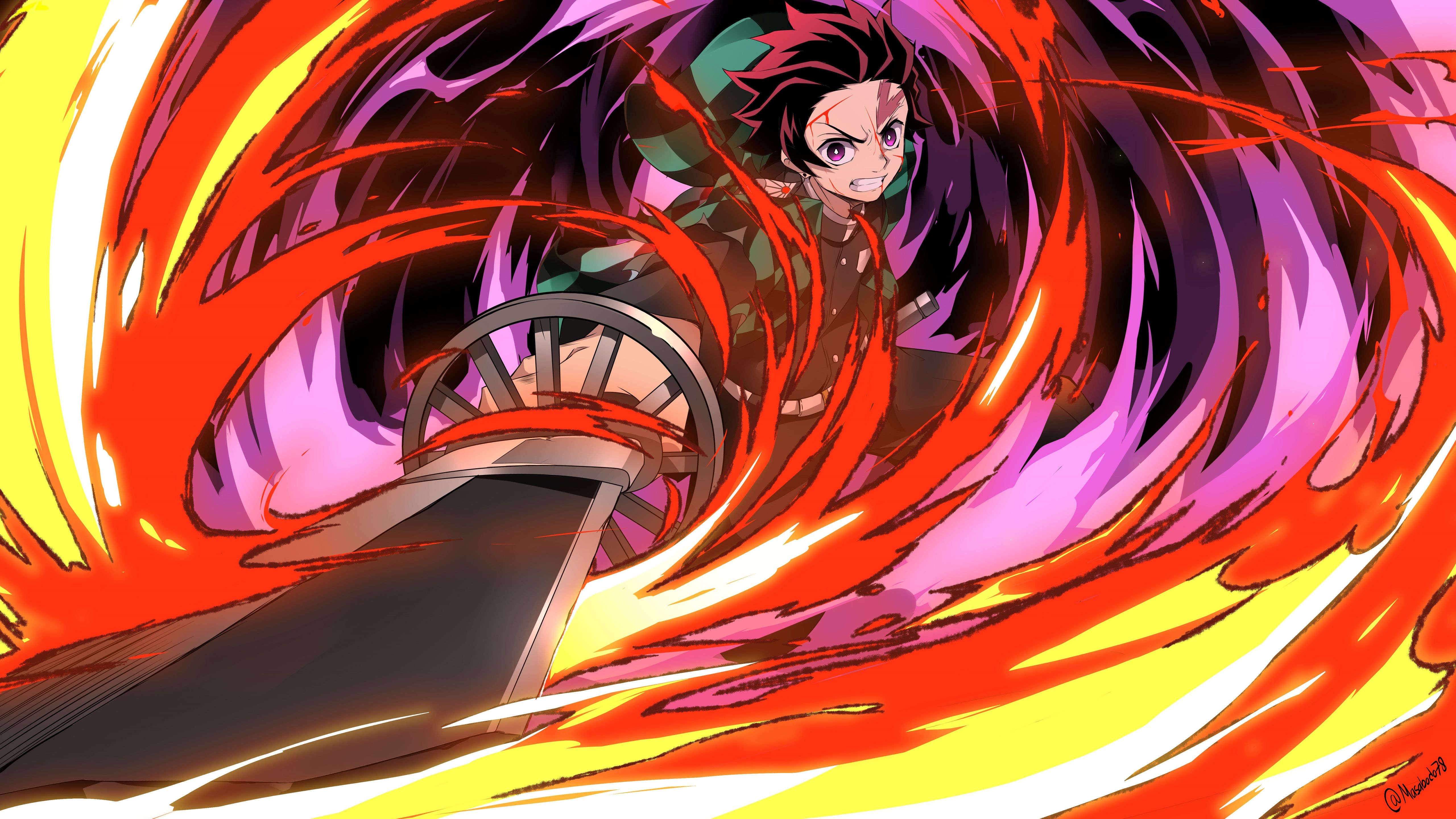 5120x2880 Demon Slayer Tanjiro Kamado With Background Of Red Purple Yellow Black Abstract 4K 5K HD Anime Wallpaper, Desktop