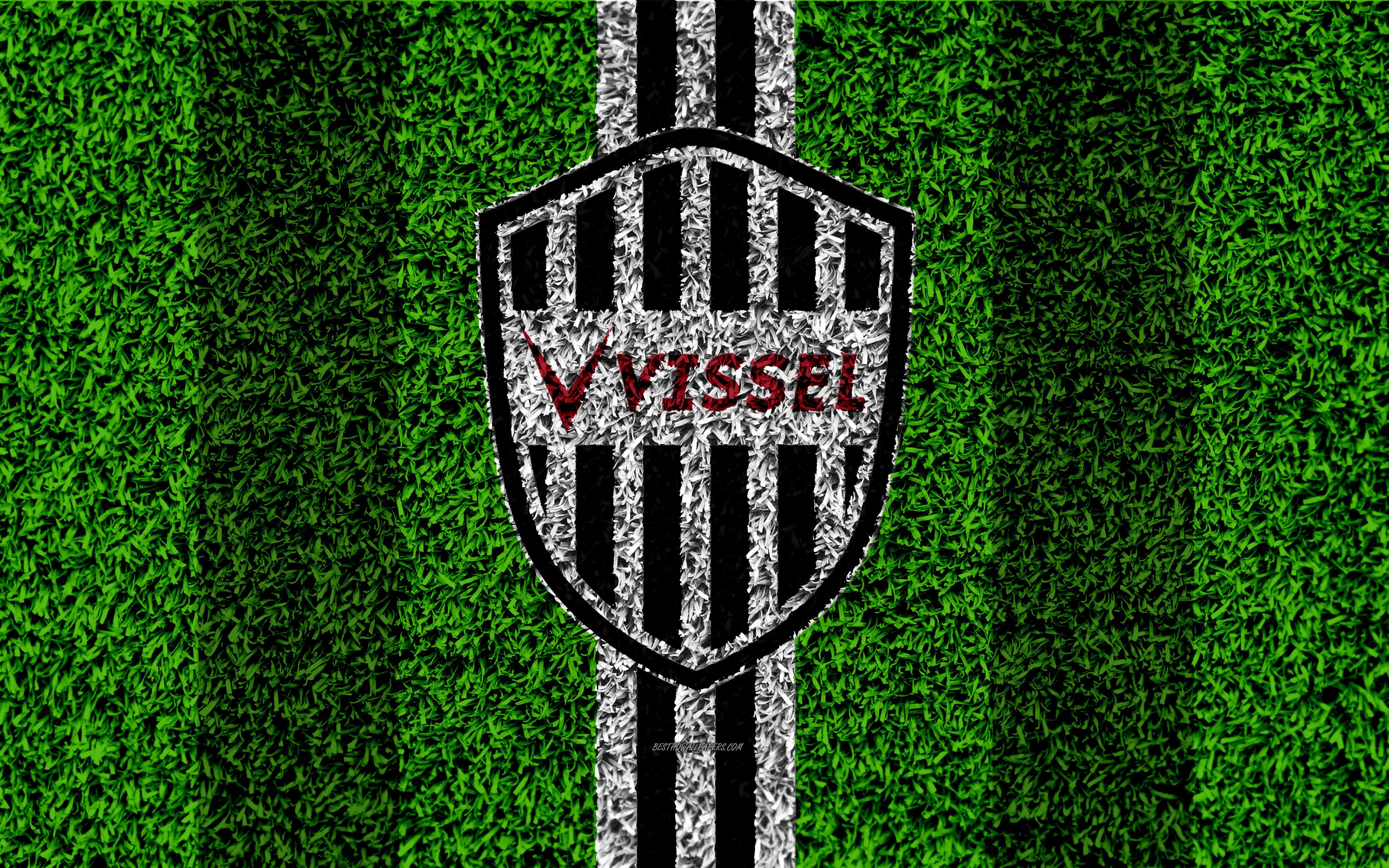 3840x2400 Download wallpaper Vissel Kobe FC, 4k, logo, football lawn, Desktop