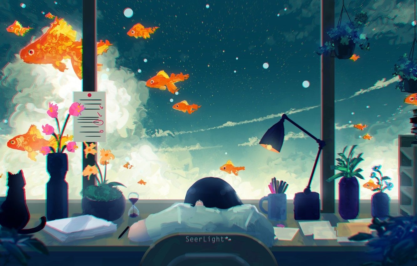 1340x850 Wallpaper cat, the sky, girl, table, sleeping, goldfish, by SeerLight image for desktop, section арт, Desktop