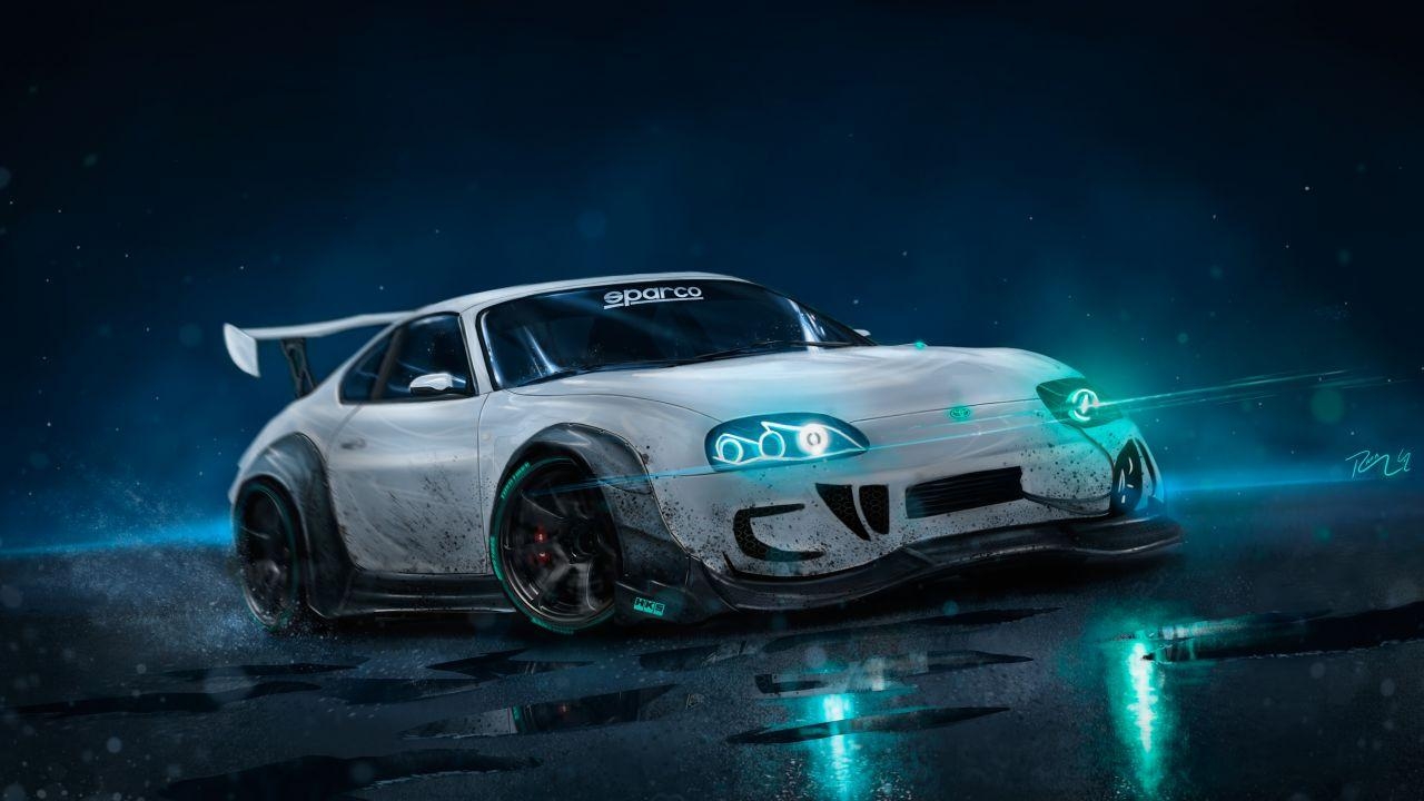 1280x720 Wallpaper Toyota Supra, Custom, Drift, Neon lights, HD, 4K, Desktop