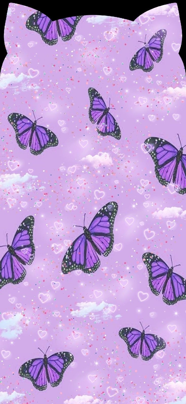 740x1600 Aesthetic purple cloud butterflies pig, Phone