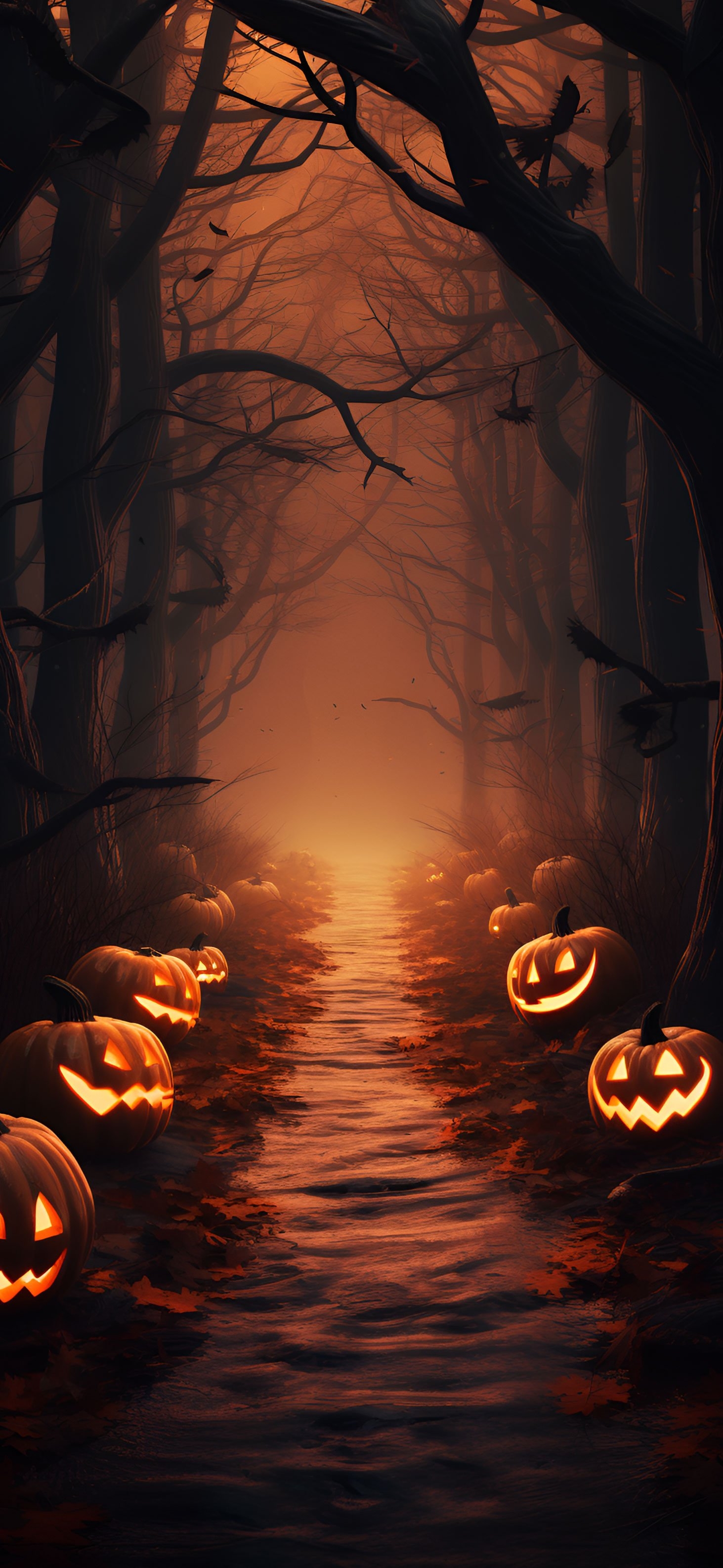 1470x3180 Jack O Lanterns In Forest Halloween Wallpaper, Phone