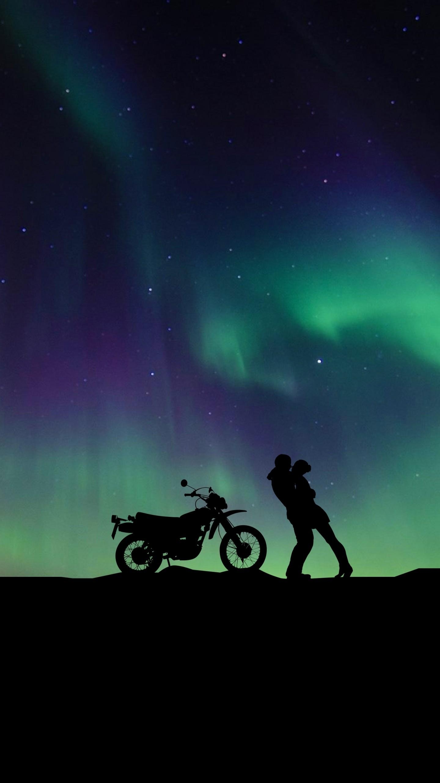 1440x2560 Wallpaper Couple, Aurora Borealis, Northern Lights, Motorcycle, Girl friend, Love,. Wallpaper for iPhone, Android, Mobile and Desktop, Phone