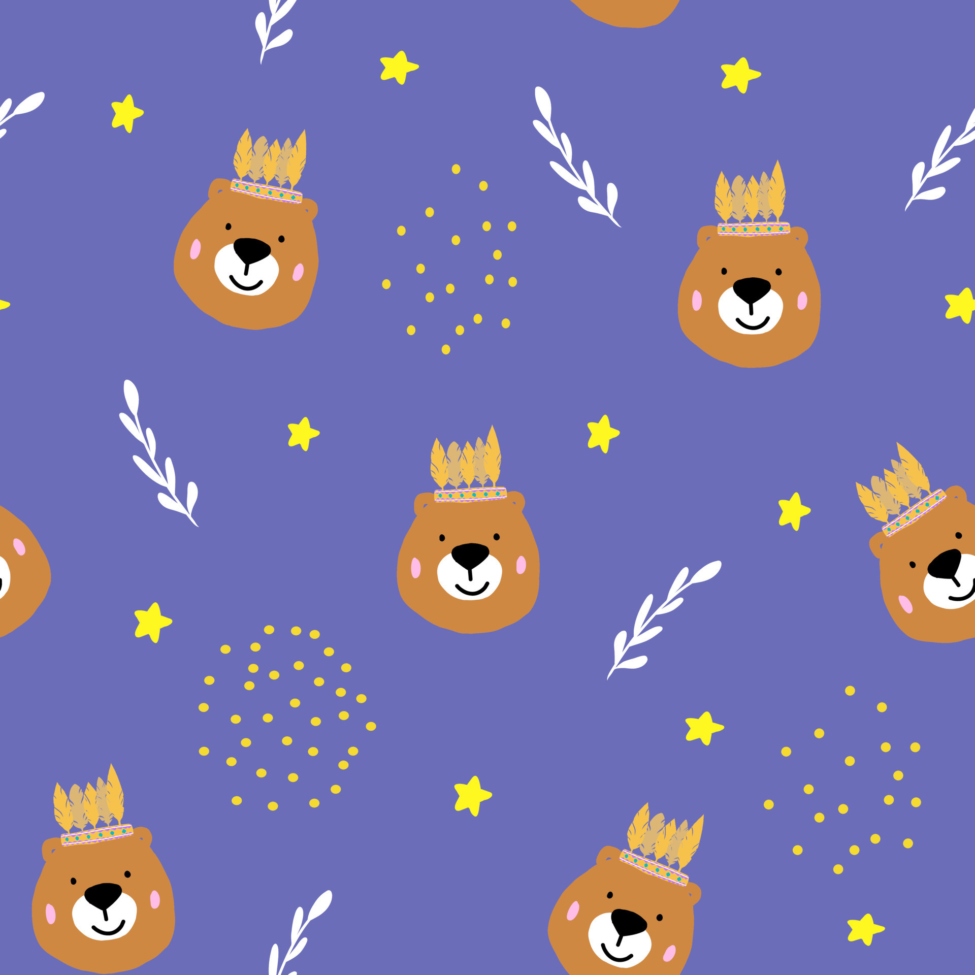 1920x1920 Cute seamless pattern with wild brown bear and simple abstract elements on violet background, kids print with teddy for fabric, textile, bedding, illustration for wallpaper, baby shower, nursery design, Phone