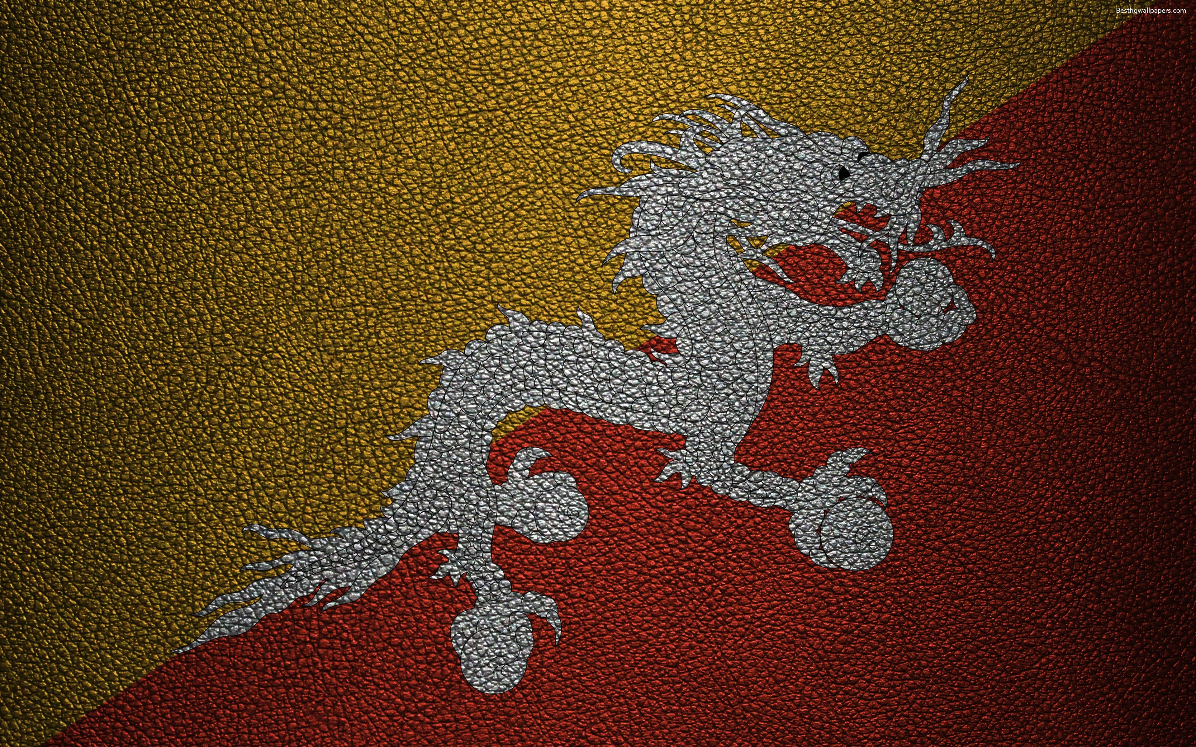 3840x2400 Download wallpaper Flag of Bhutan, 4K, leather texture, Bhutanese, Desktop