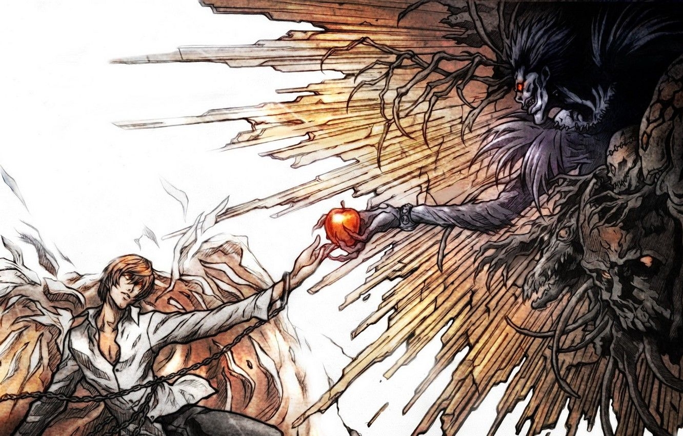 1340x850 Wallpaper rays, Apple, chain, parody, Death note, Death note, Kira, Desktop