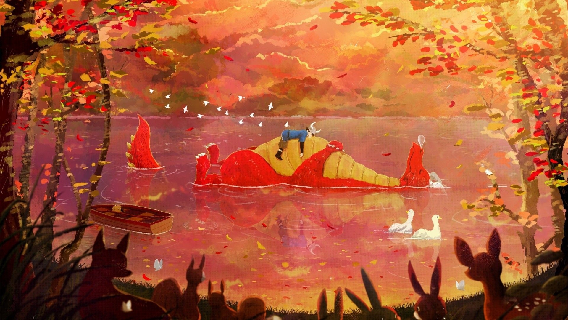 1920x1080 Download  Anime Landscape, Dragon, Fantasy Creature, Autumn, Lake, Anime Boy Wallpaper for Widescreen, Desktop