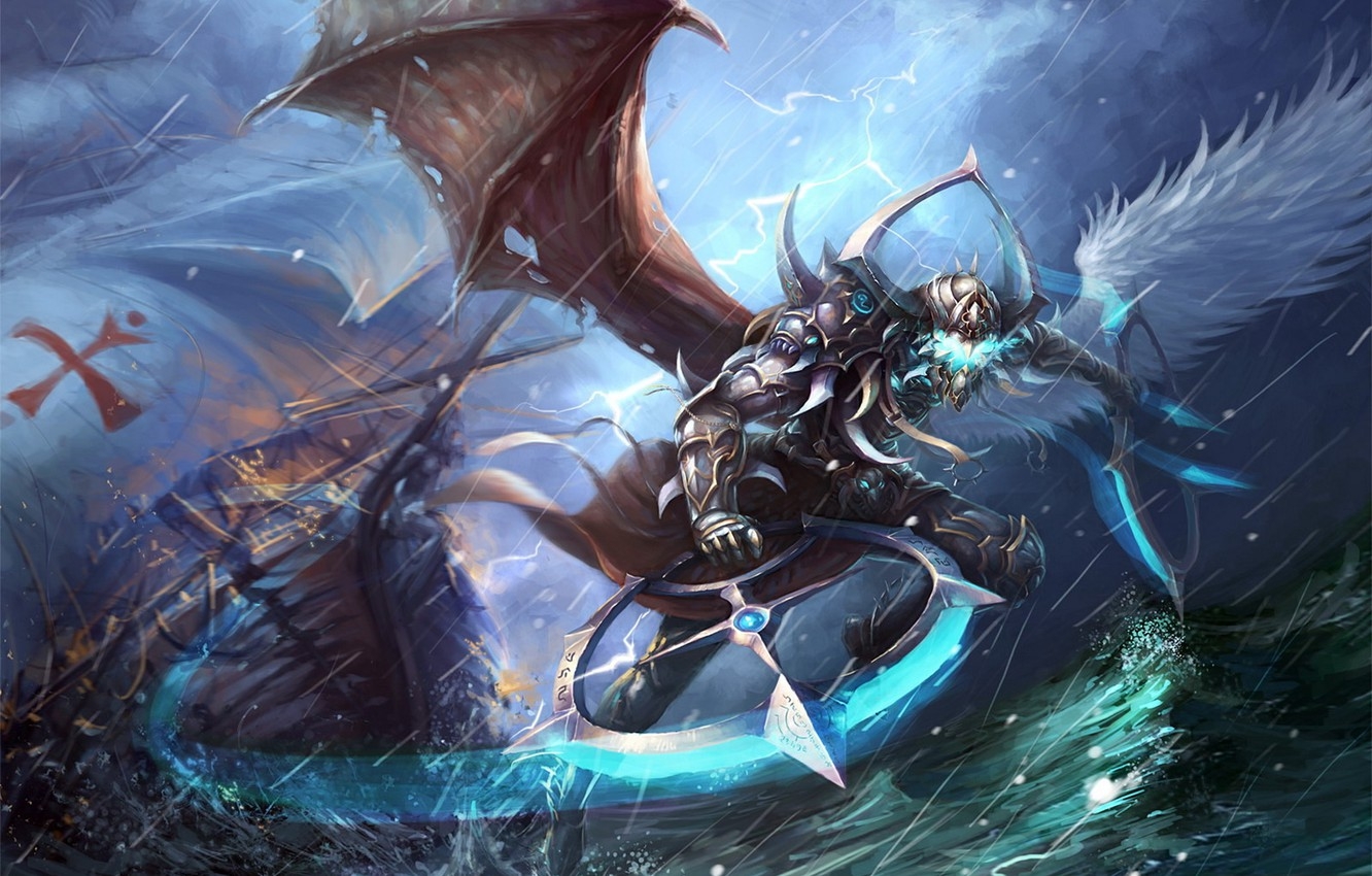 1340x850 Wallpaper Sea, The Storm, Wave, Storm, Lightning, Wings, Being, Fantastic, Zhu Li, Semi Angel, Half Demon Image For Desktop, Section фантастика, Desktop