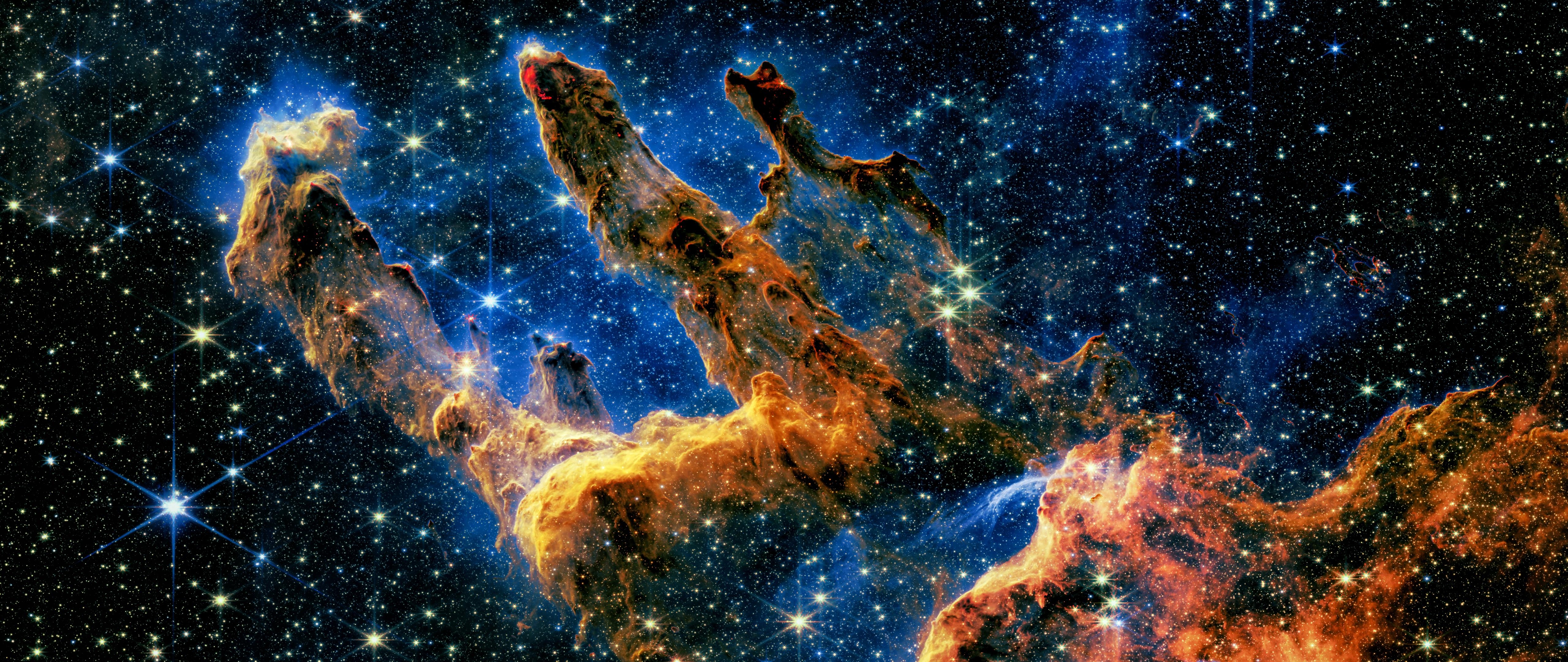 5120x2160 I made a 4K ultrawide wallpaper of Pillars of Creation captured by James Webb. Upscaled crop + colour grading, Dual Screen