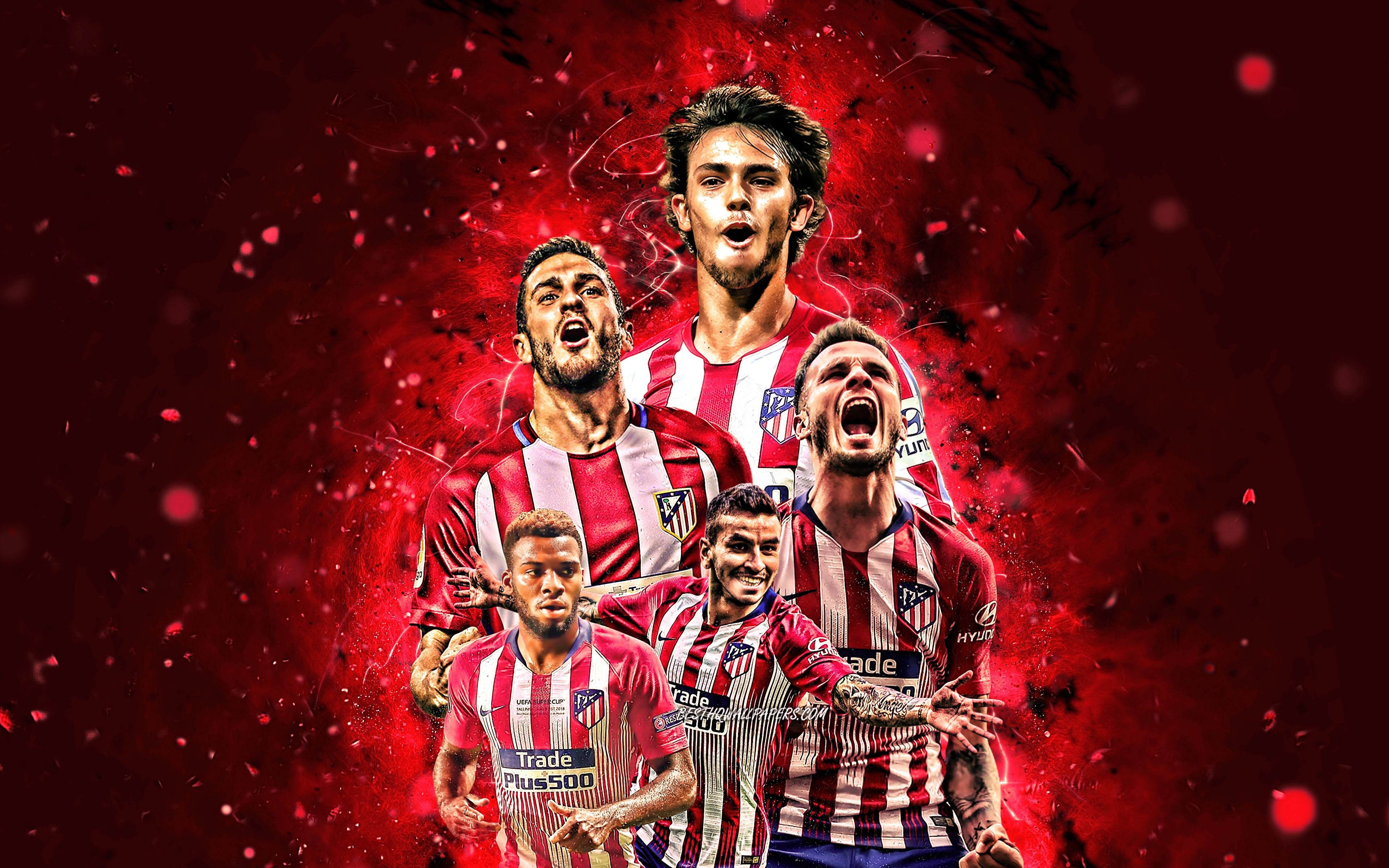 3840x2400 Download wallpaper Joao Felix, Thomas Partey, Saul Niguez, Marcos Llorente, Angel Correa, 4k, Atletico Madrid FC, La Liga, football stars, LaLiga, Atletico Madrid team, neon lights, soccer, Atletico Madrid for desktop with, Desktop