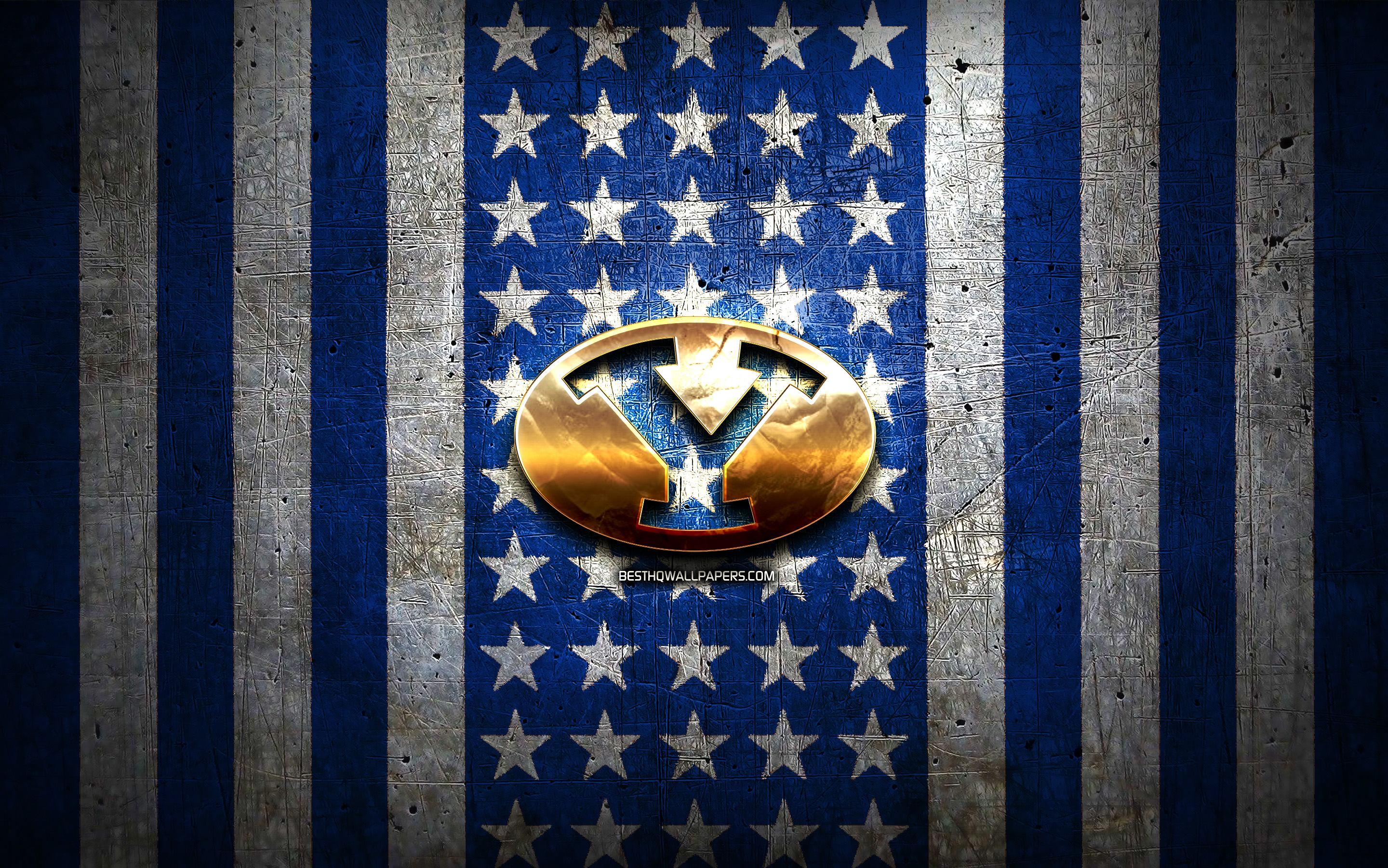 2880x1800 Download wallpaper Brigham Young Cougars flag, NCAA, blue white metal background, american football team, Brigham Young Cougars logo, USA, american football, golden logo, Brigham Young Cougars for desktop with resolution. High, Desktop