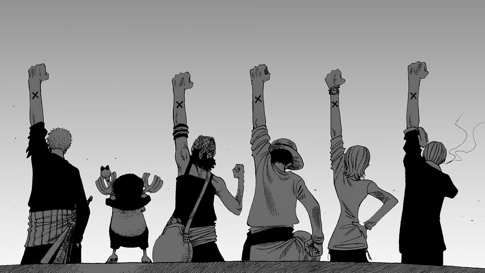 1600x900 people, black, illustration, monochrome, photography, silhouette, One Piece, Sanji, Monkey D Luffy, Roronoa Zoro, Nami, Tony Tony Chopper, Usopp, ART, photograph, black and white, monochrome photography HD Wallpaper, Desktop