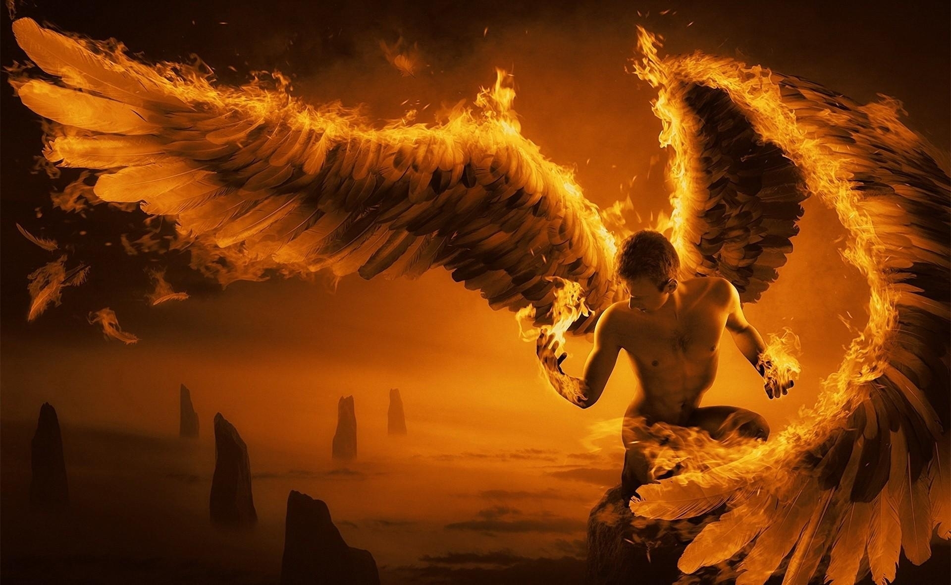 1920x1180  angel, dark, demon, digital art, fallen, fantasy, fire, flames, hell, manipulation, occult, Desktop