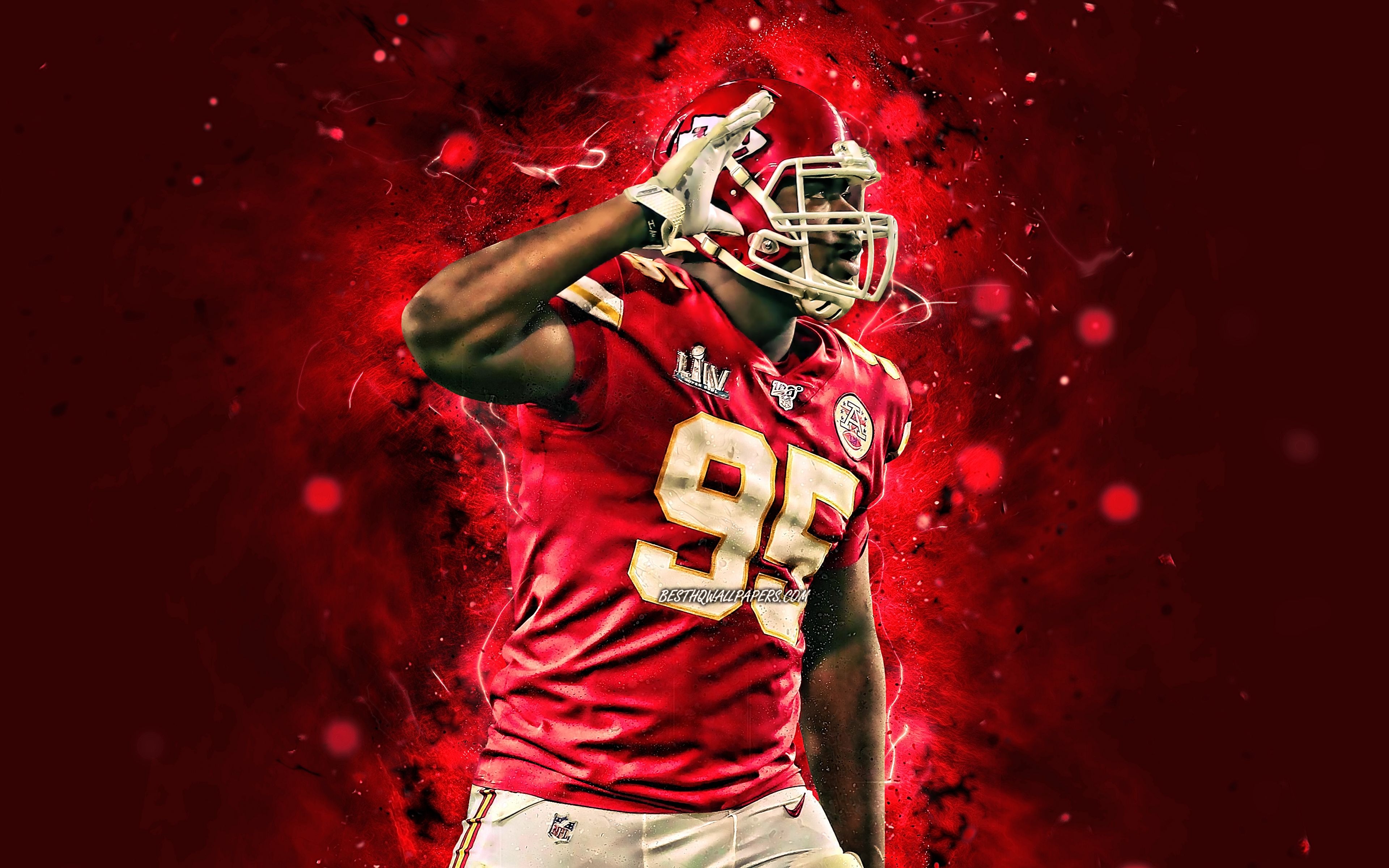 3840x2400 Download wallpaper Chris Jones, 4K, defensive tackle, Kansas City Chiefs, american football, NFL, Christopher Deshun Jones, National Football League, KC Chiefs, Chris Jones 4K, red neon lights, Chris Jones KC Chiefs for, Desktop