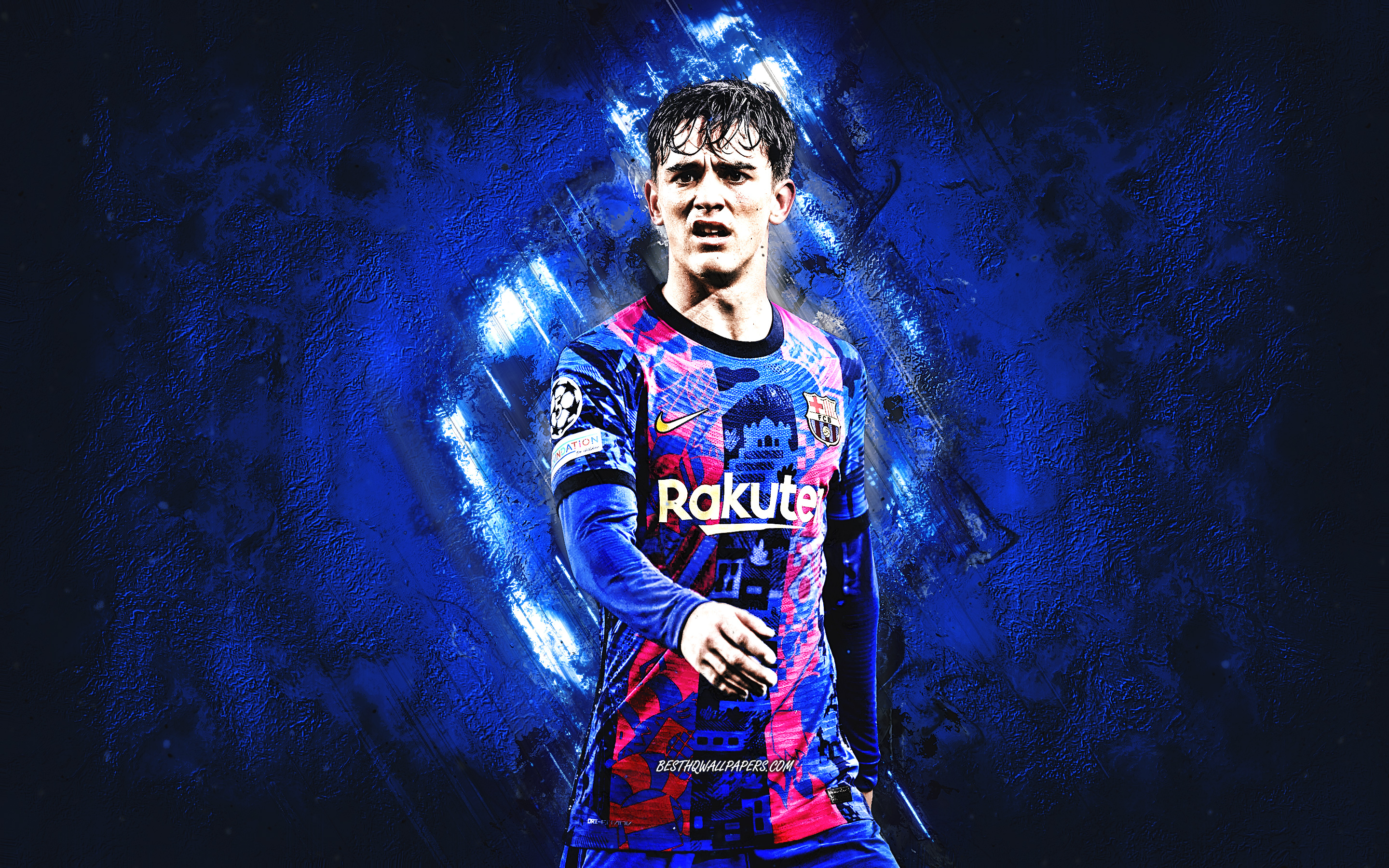 2880x1800 Download wallpaper Gavi, FC Barcelona, Spanish footballer, midfielder, portrait, blue stone background, football, La Liga, Pablo Martín Paez Gavira for desktop with resolution. High Quality HD picture wallpaper, Desktop