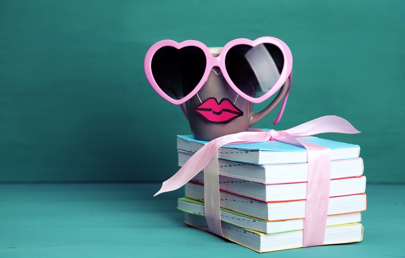 1340x850 Wallpaper books, coffee, glasses, mug, cup, lips, funny, glasses, cute, books, mustache image for desktop, section настроения, Desktop