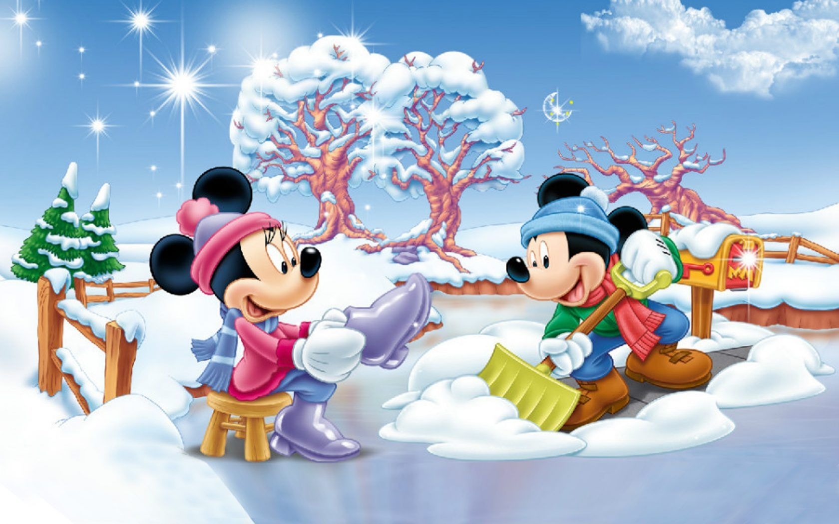 1680x1050 Minnie And Mickey Mouse Winter Snow Fence Yard Blue Sky Winter Clothes Full HD Wallpaper 1920x1200, Wallpaper13.com, Desktop