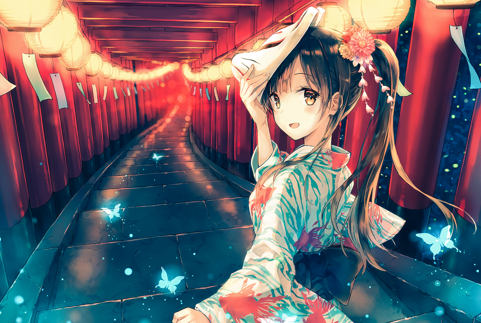 1920x1300 #mask, #anime girls, #yukata, #looking at viewer, Desktop