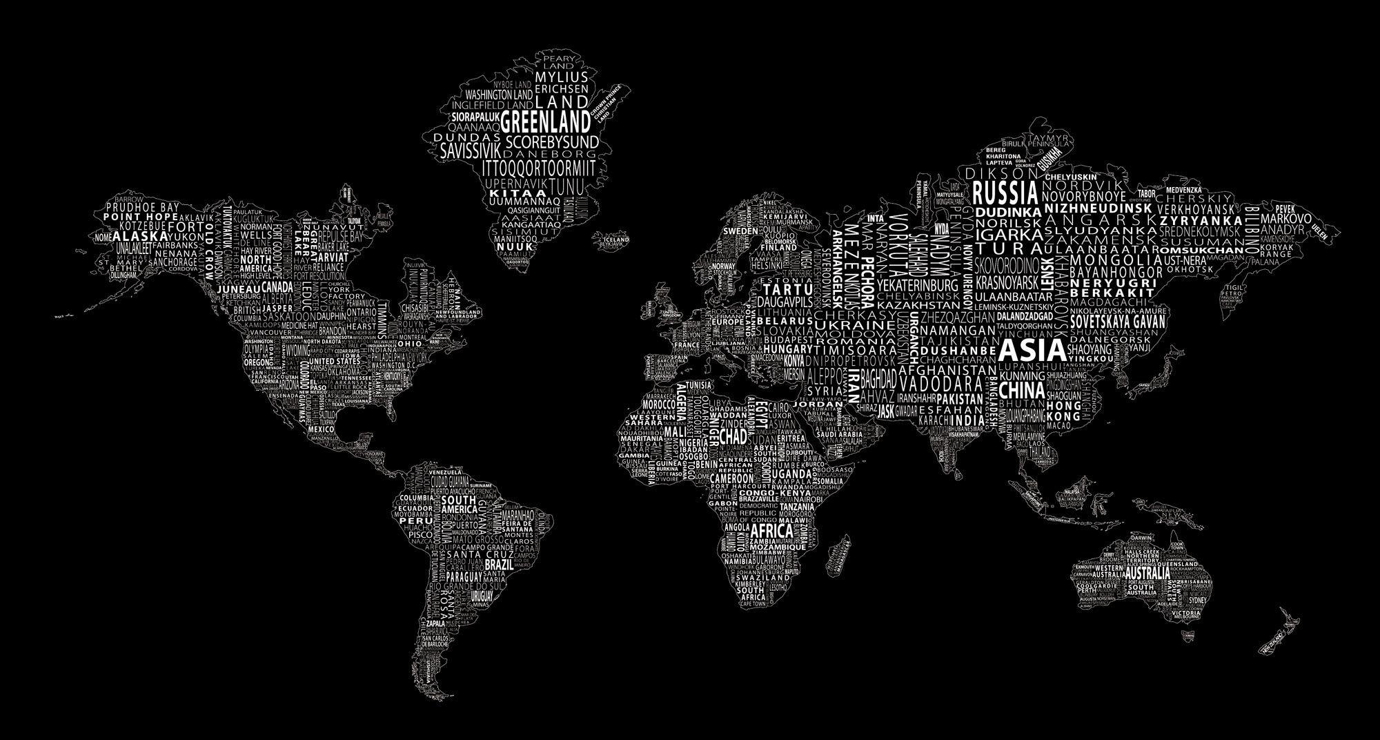 2000x1080 1 World Text Map Wall Mural On Black. Map Wall Mural, Wallpaper Notebook, World Map Wallpaper, Desktop