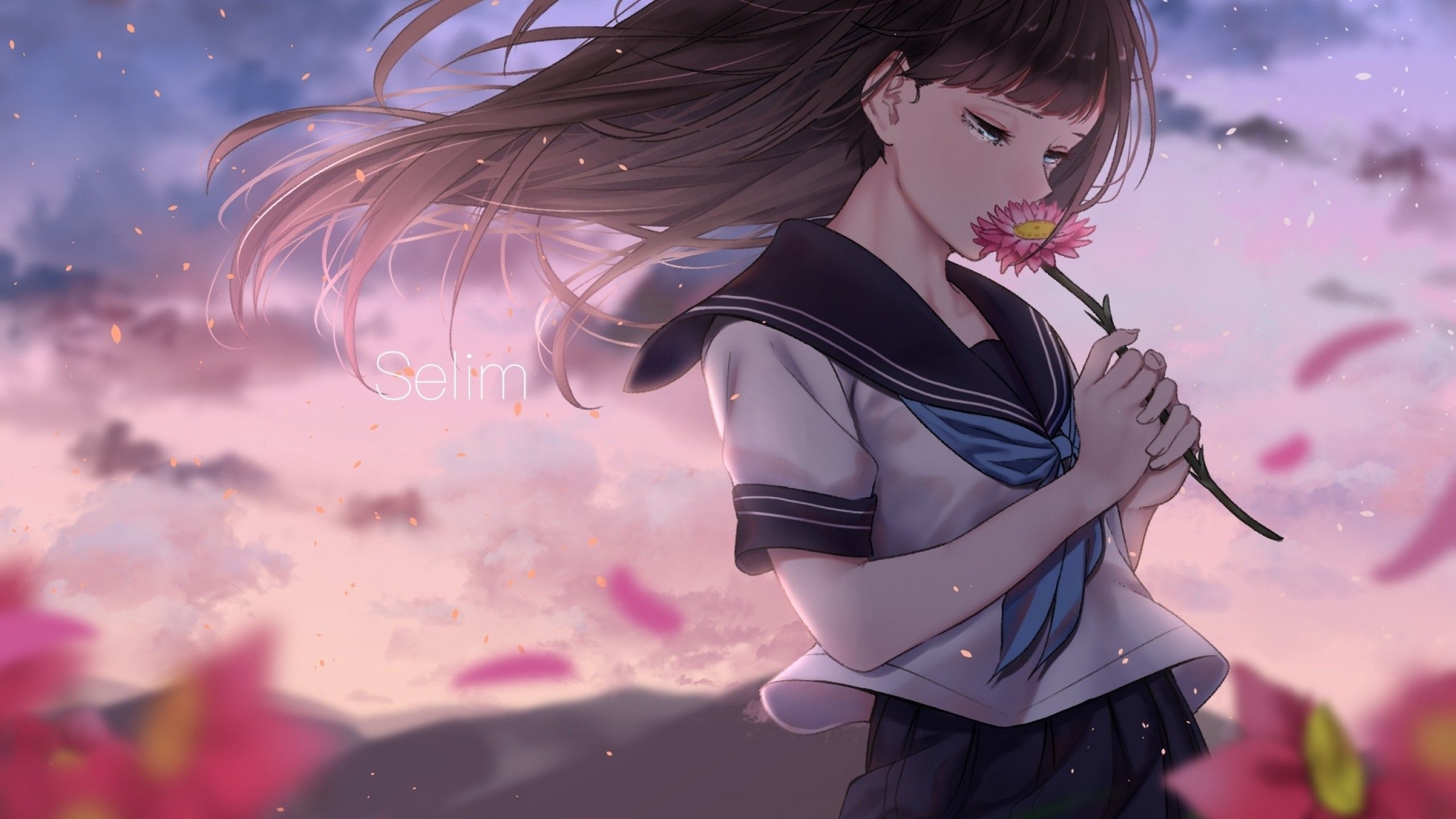 2560x1440 Anime Girl, Teary Eyes, Sad Expression, Wind, Flowers HD Wallpaper, Desktop