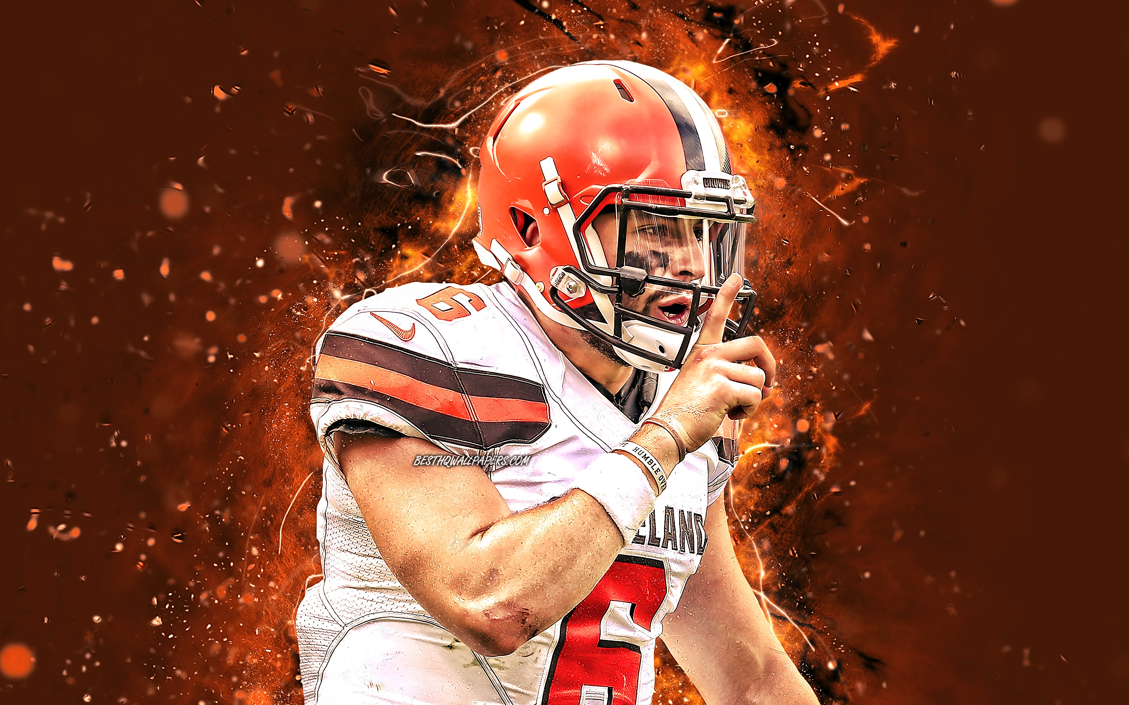 3840x2400 Download wallpaper 4k, Baker Mayfield, Cleveland Browns, NFL, american football, quarterback, Baker Reagan Mayfield, National Football League, Baker Mayfield Cleveland Browns, neon lights, Baker Mayfield 4K for desktop with resolution, Desktop