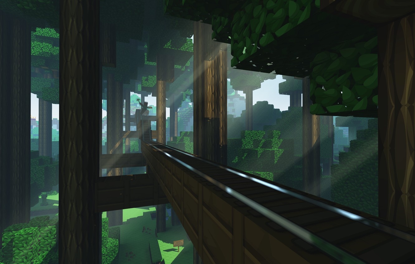 1340x850 Wallpaper road, forest, grass, rays, plate, foliage, rails, Minecraft image for desktop, section игры, Desktop