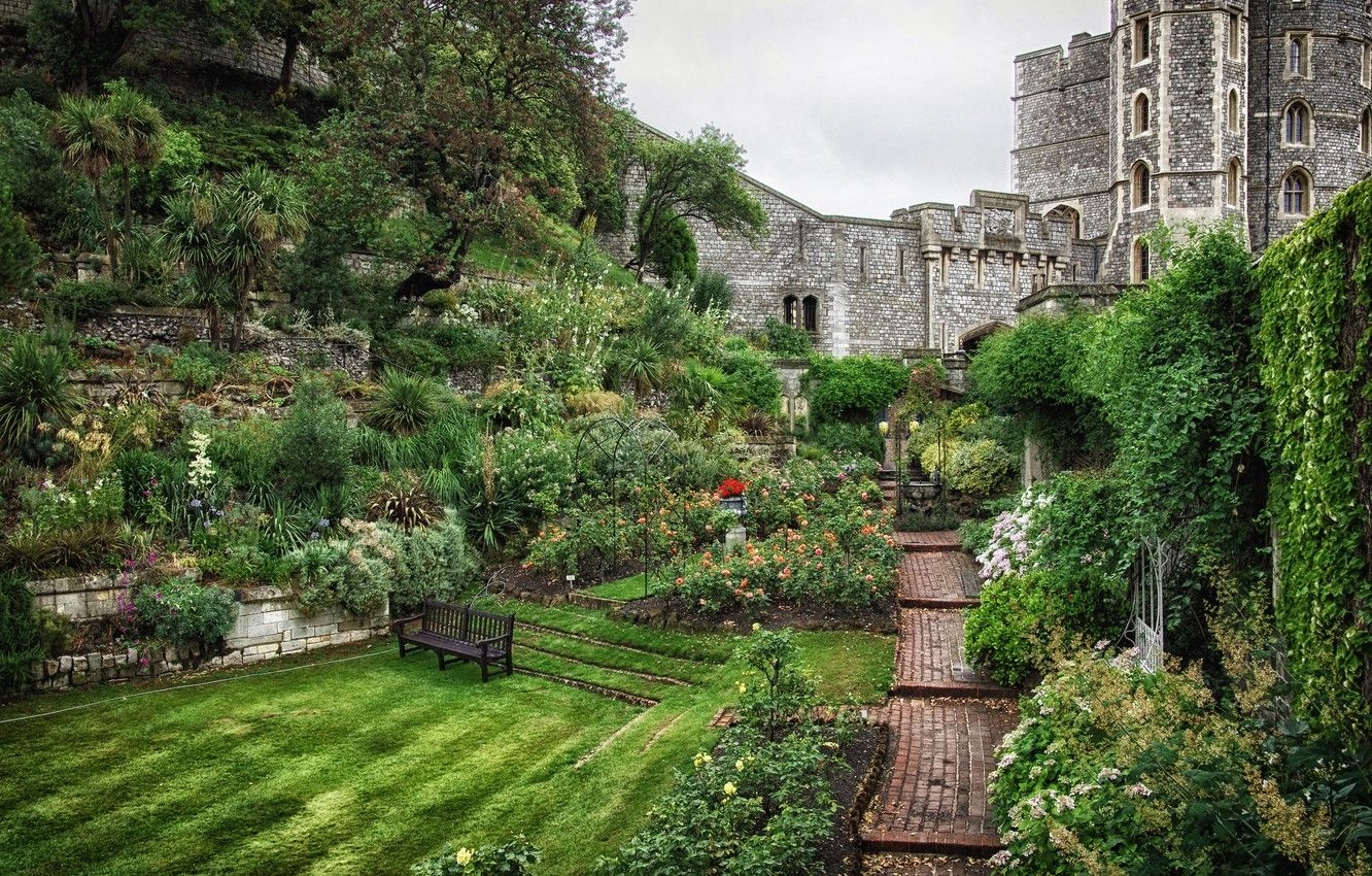 1340x850 Wallpaper trees, flowers, castle, England, track, plants, shop, shrub, summer garden image for desktop, section пейзажи, Desktop