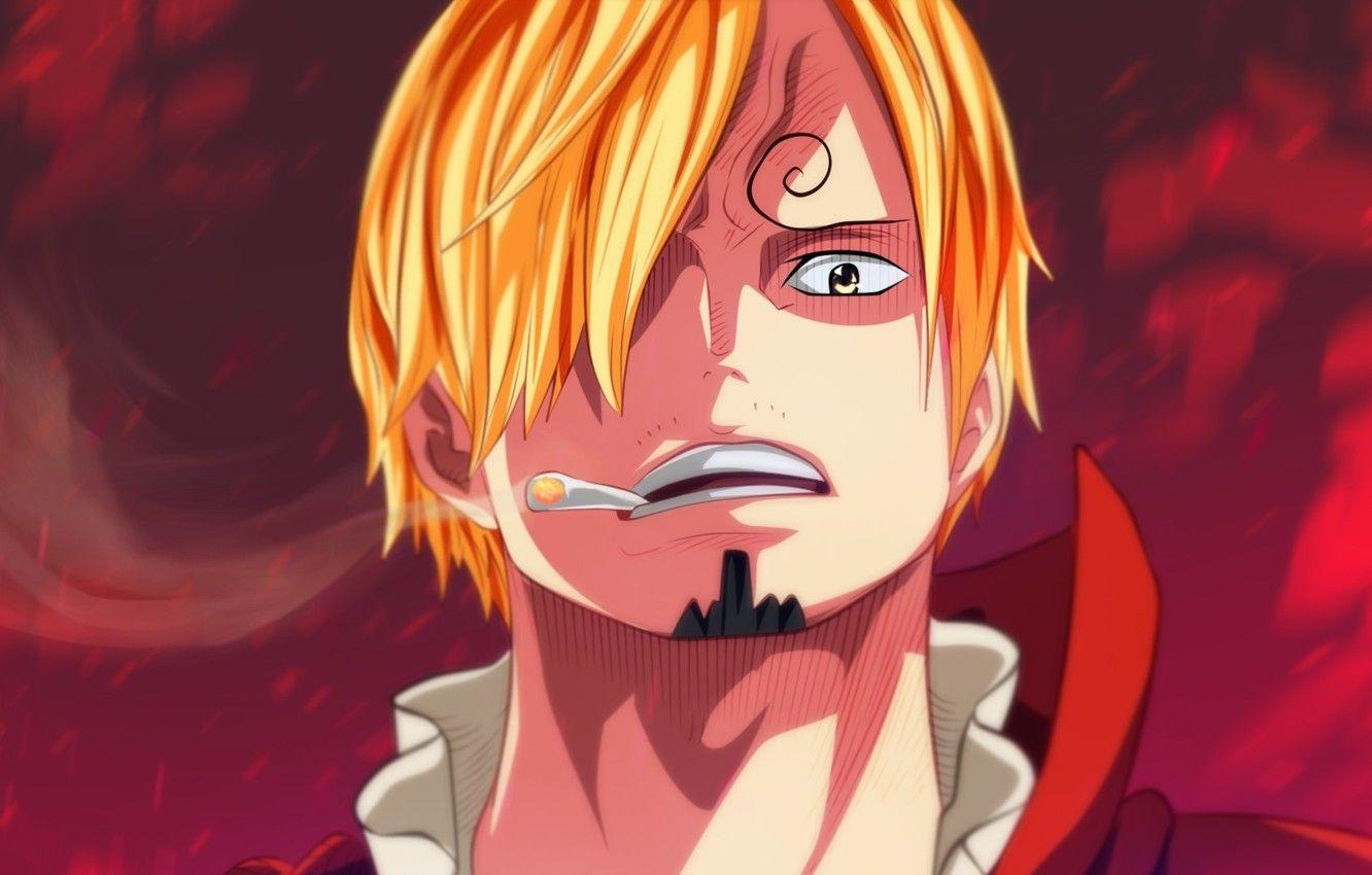 1340x850 Wallpaper red, One Piece, pirate, smoke, man, cigarette, face, blond, Desktop