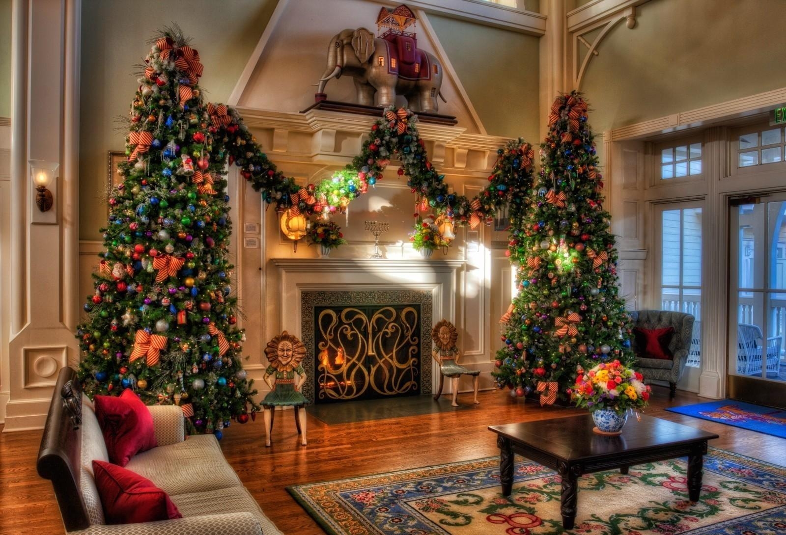 1600x1090 Two giant green christmas tree beside fireplace HD wallpaper, Desktop