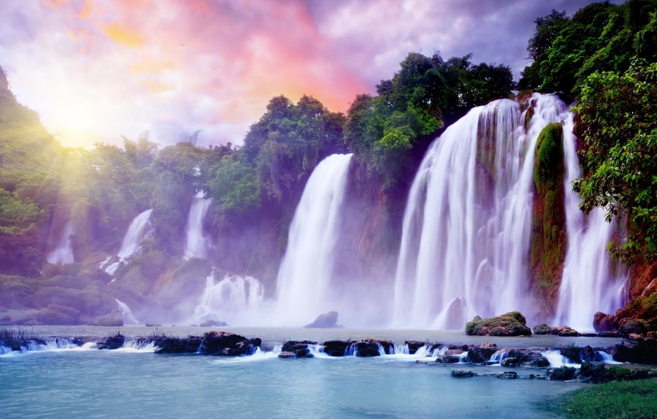 1340x850 Wallpaper the sky, the sun, clouds, tropics, Paradise, waterfall, Desktop