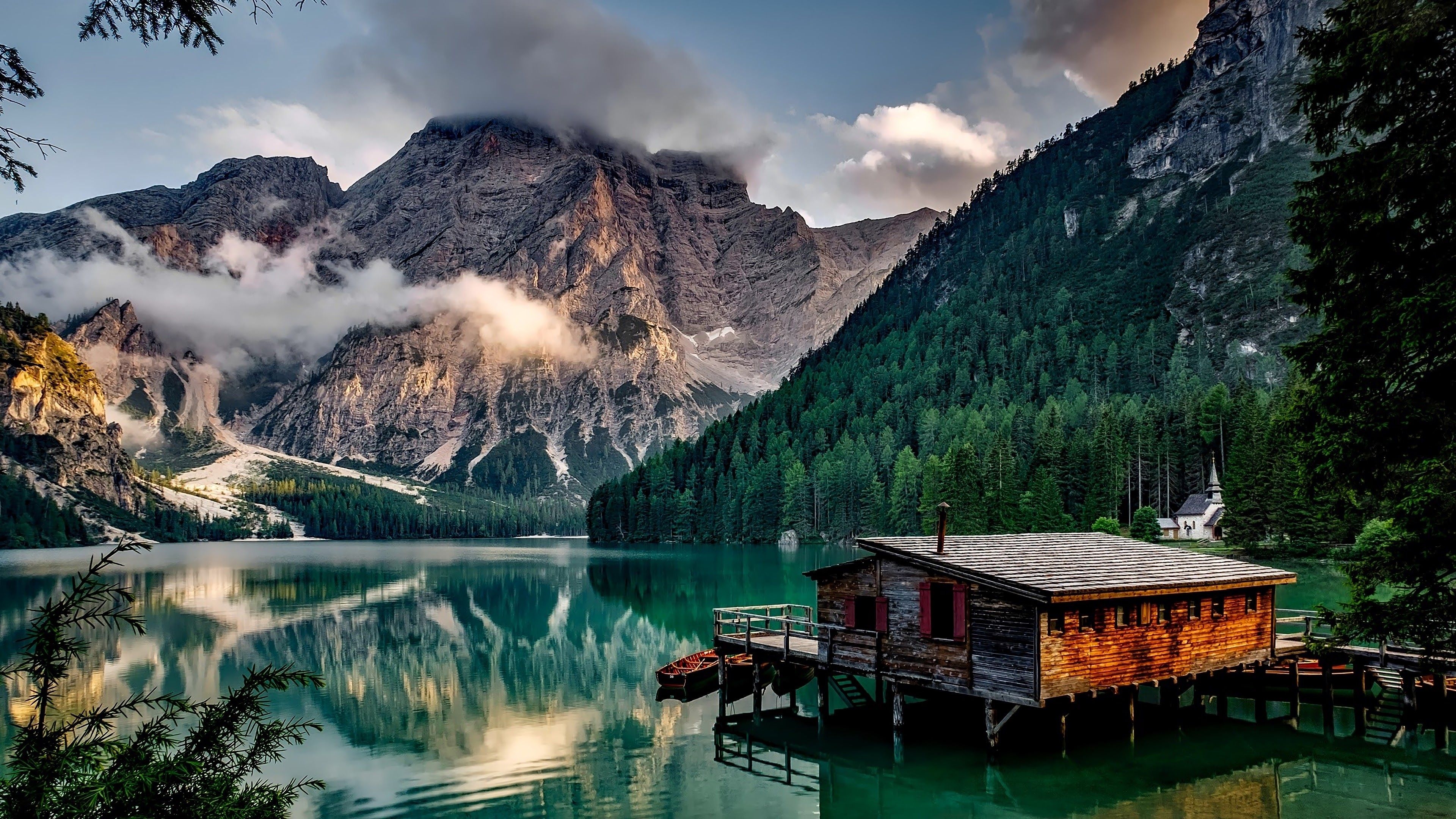 3840x2160 Lake Mountains Nature Cottage 4K Wallpaper, Desktop