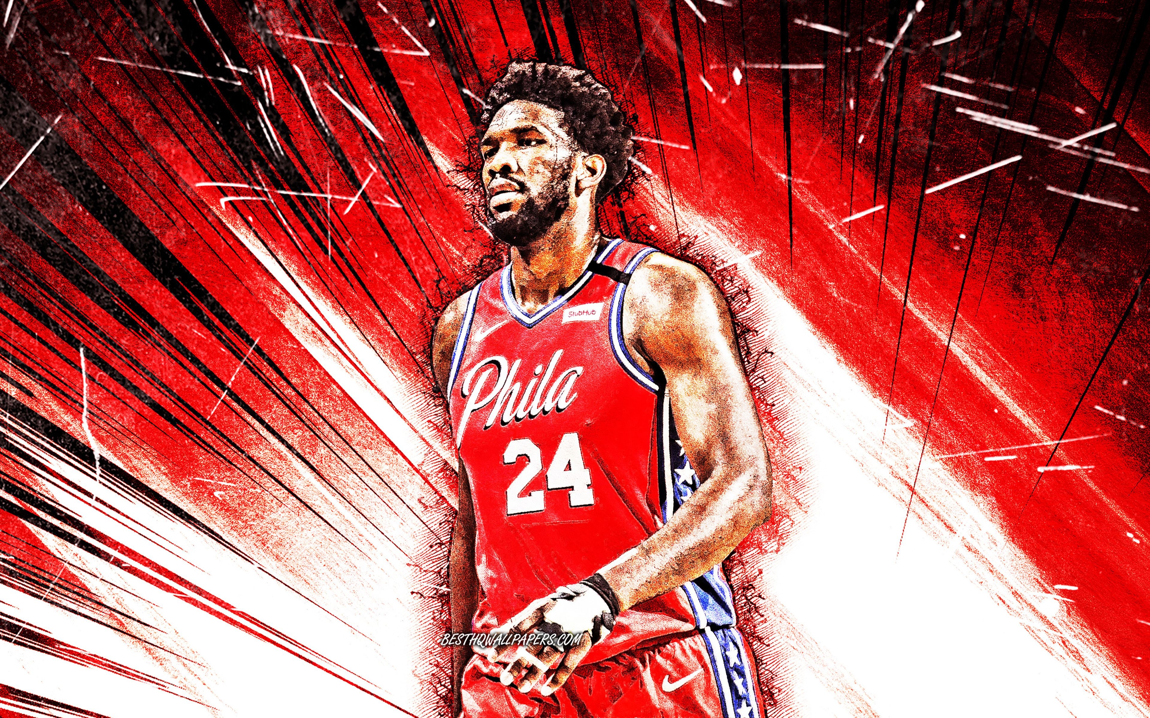 3840x2400 Download wallpaper 4k, Joel Embiid, grunge art, NBA, Philadelphia 76ers, basketball stars, red uniform, 24 number, Joel Hans Embiid, blue neon lights, basketball, creative, Joel Embiid 76ers, Joel Embiid 4K for desktop, Desktop