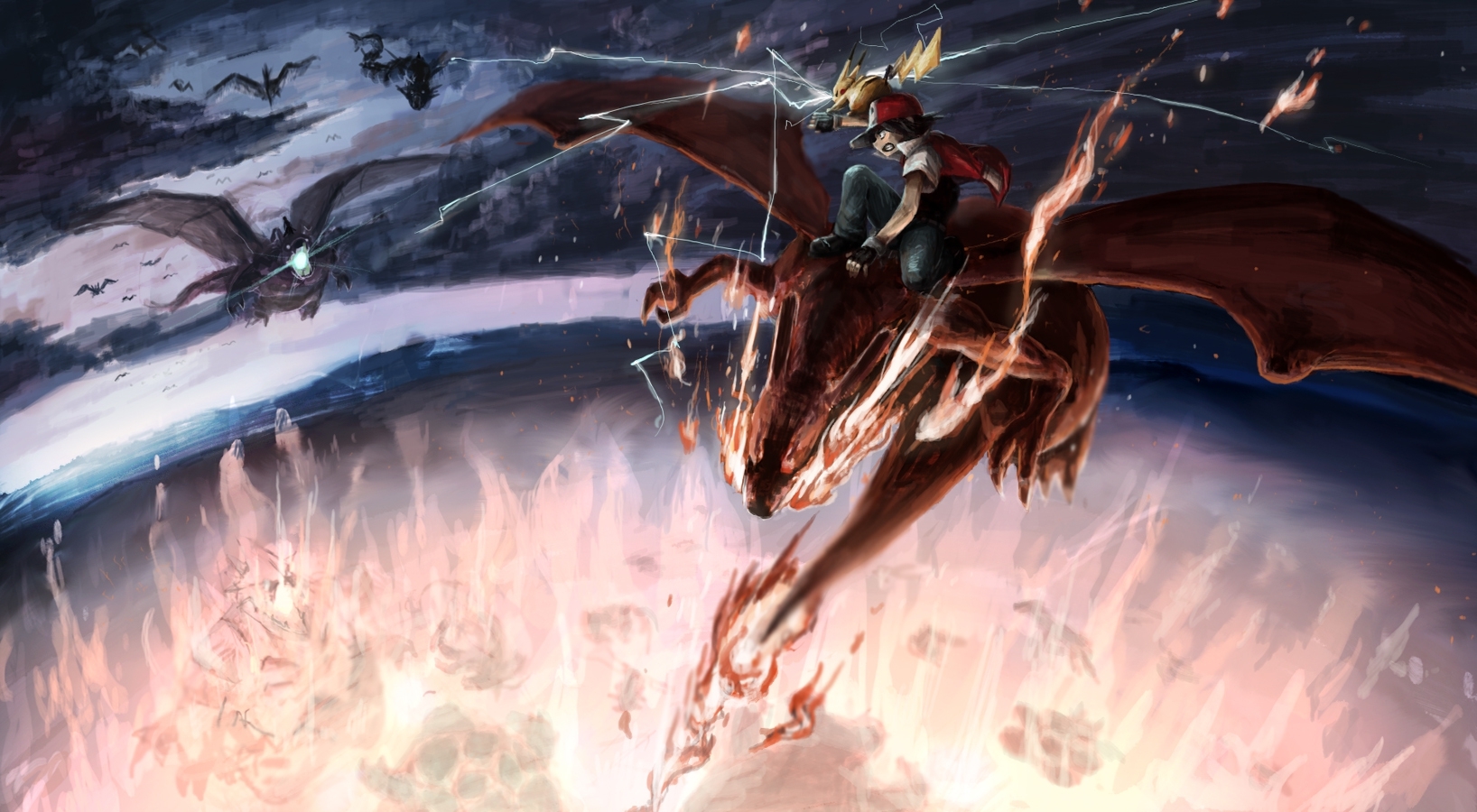 1640x900 pokemon dragons battle fire pikachu artwork ash ketchum charizard dragonite  wallpaper, Desktop