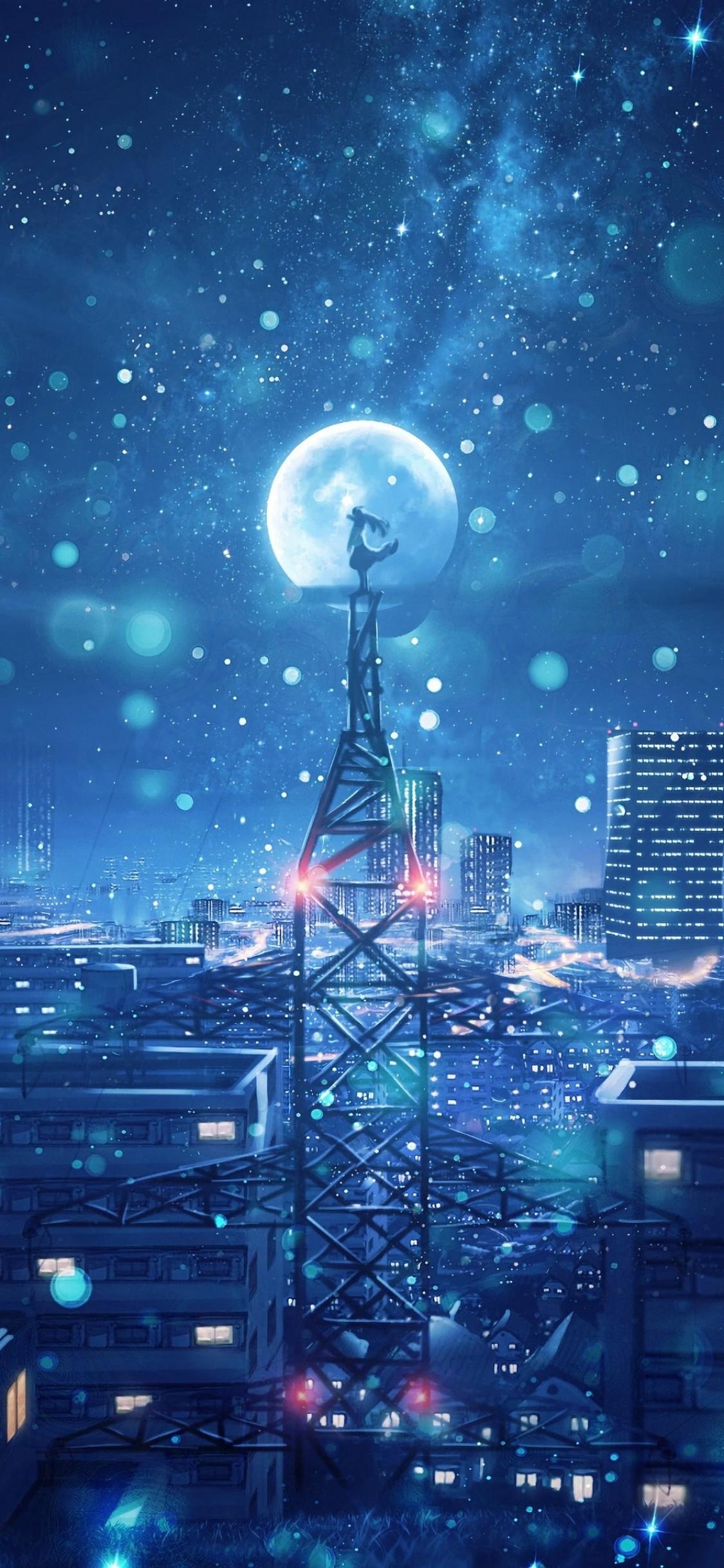 1130x2440 Blue Night Big Moon Anime Scenery 4k iPhone XS, iPhone 10, Phone