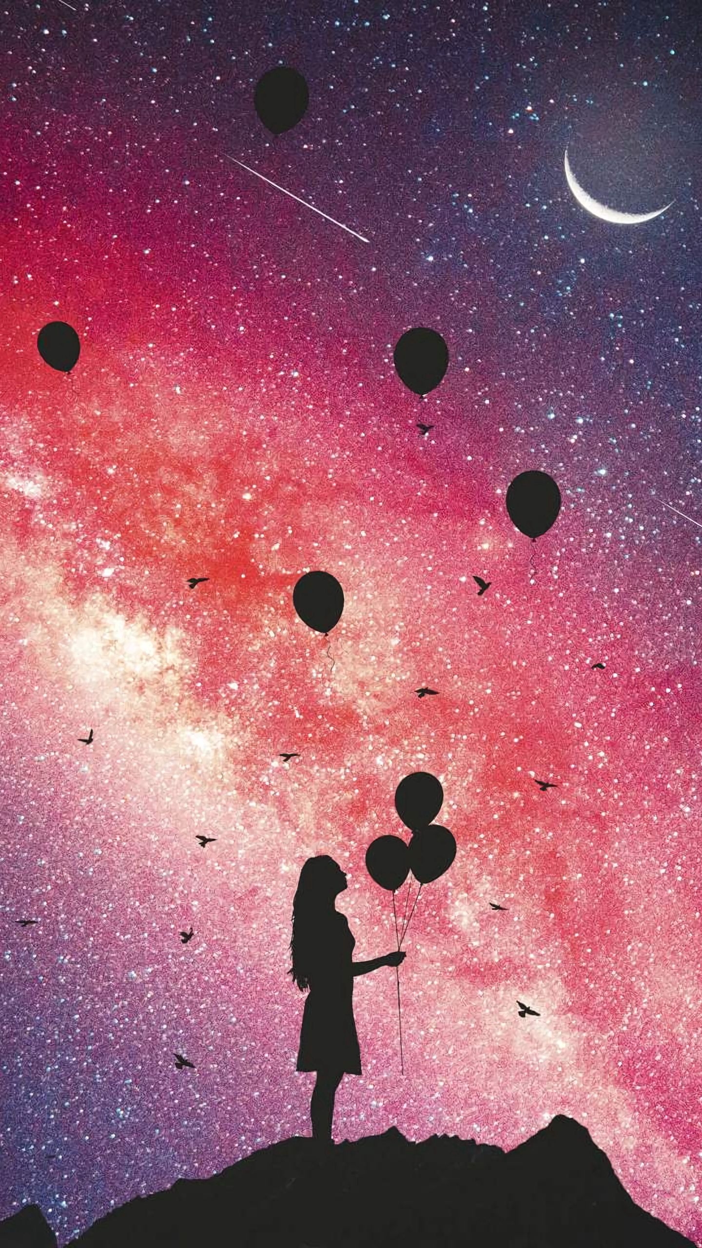 1440x2560 Download wallpaper  girl, silhouette, balloons, starry, Phone