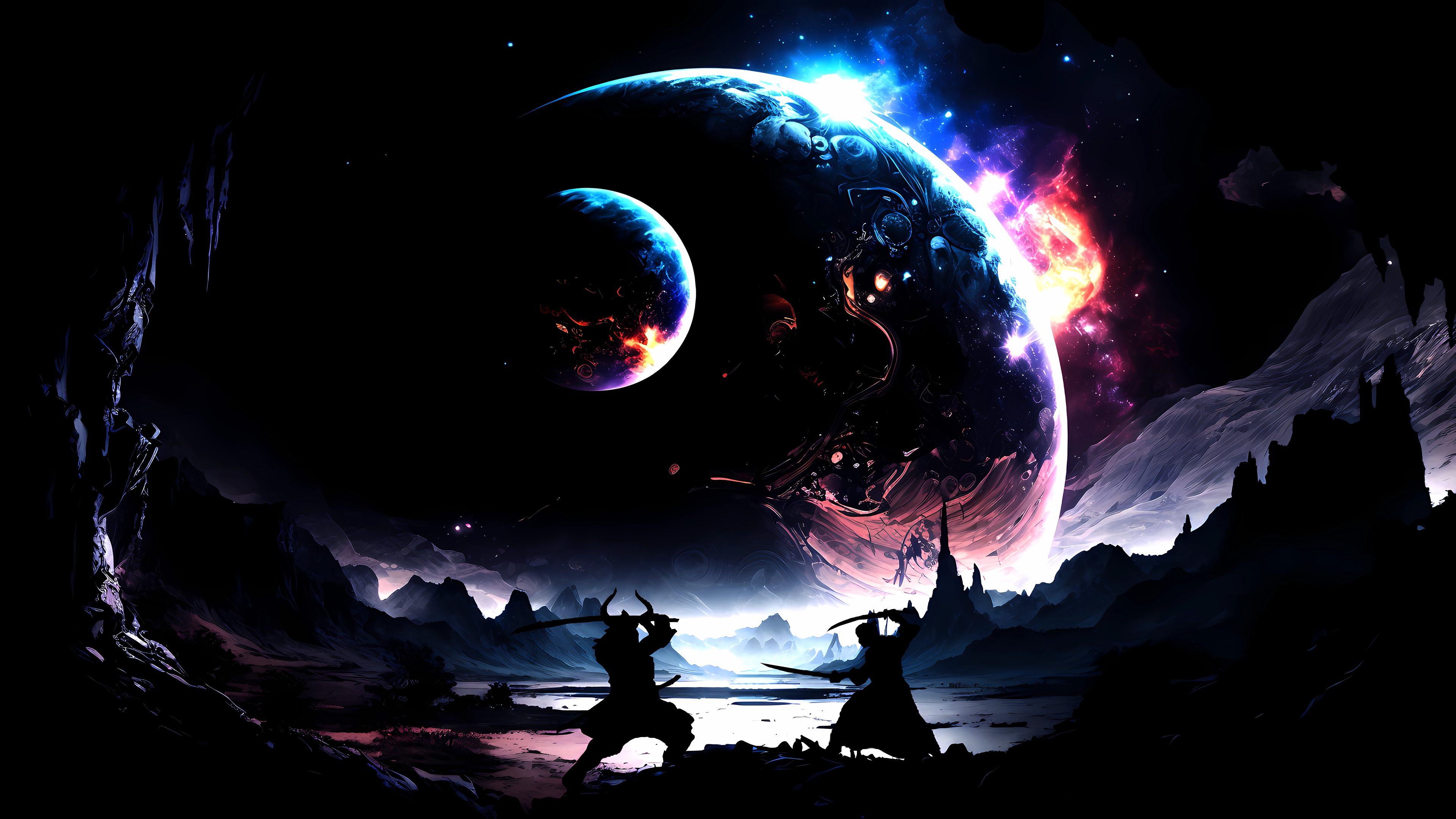 3840x2160 Epic Samurai Silhouette Fight: Stunning 4K Wallpaper for PC, Desktop