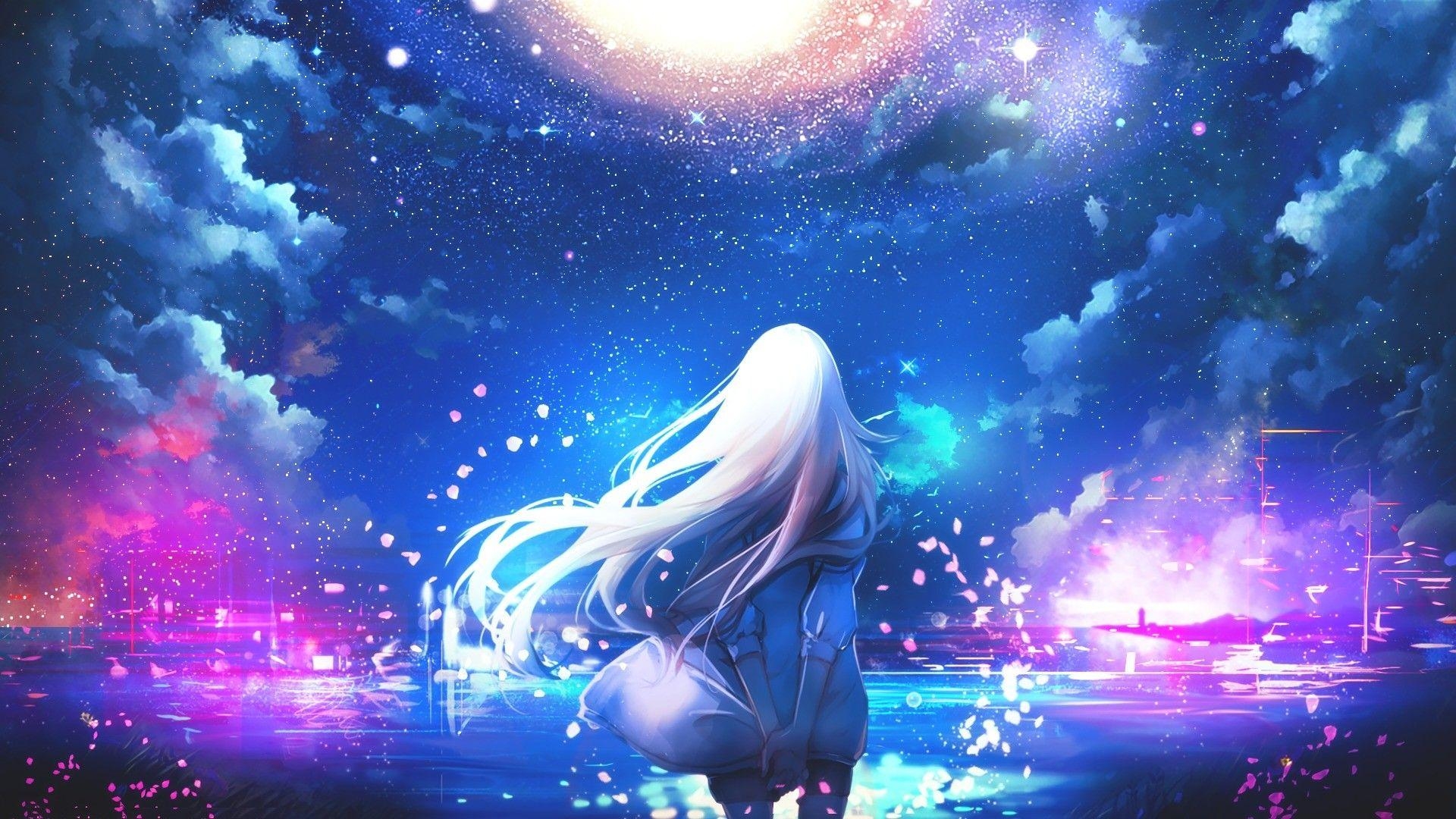 1920x1080 Anime, white hair, anime girls, night sky, stars, colorful, Desktop