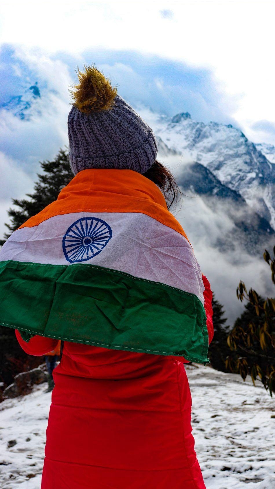 950x1690 Girl Indian Flag Snow Mountains. Indian flag wallpaper, Indian, Phone