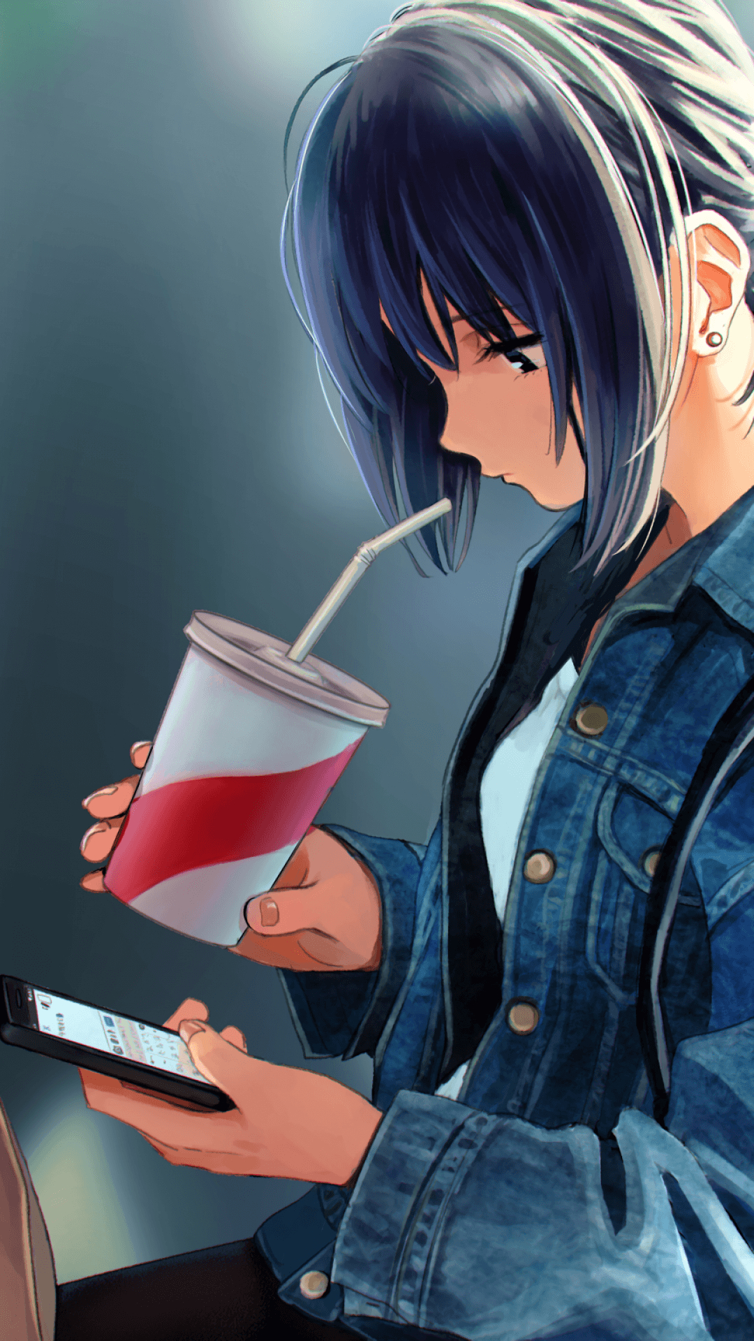 1080x1920 Download  Anime Girl, Drinking, Smartphone, Slice, Phone