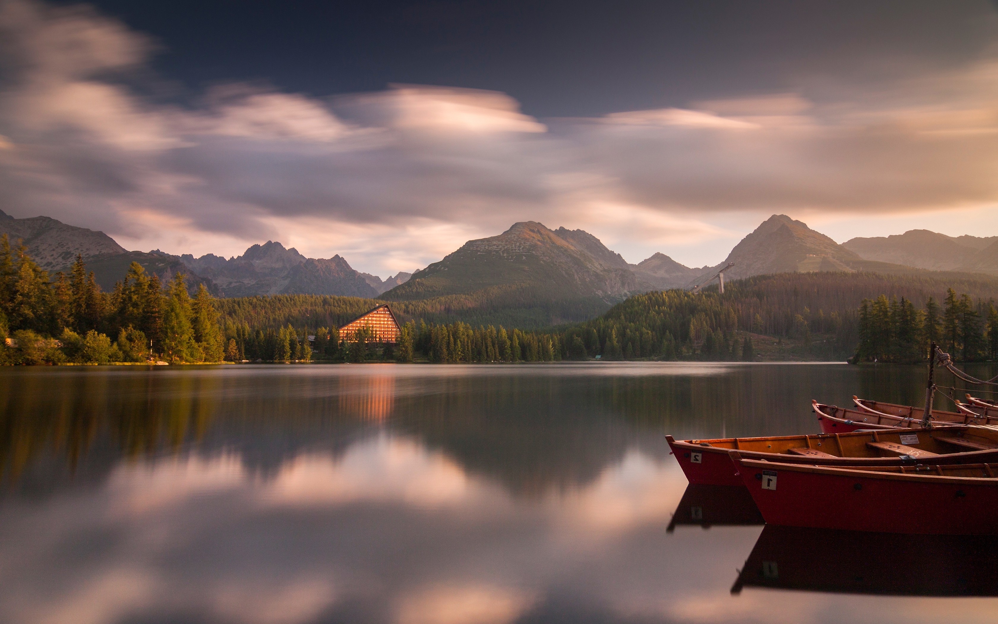 3360x2100 nature, Landscape, Mountain, Sunset, Lake, Forest, Boat, Calm, Clouds, Slovakia, Hotels Wallpaper HD / Desktop and Mobile Background, Desktop