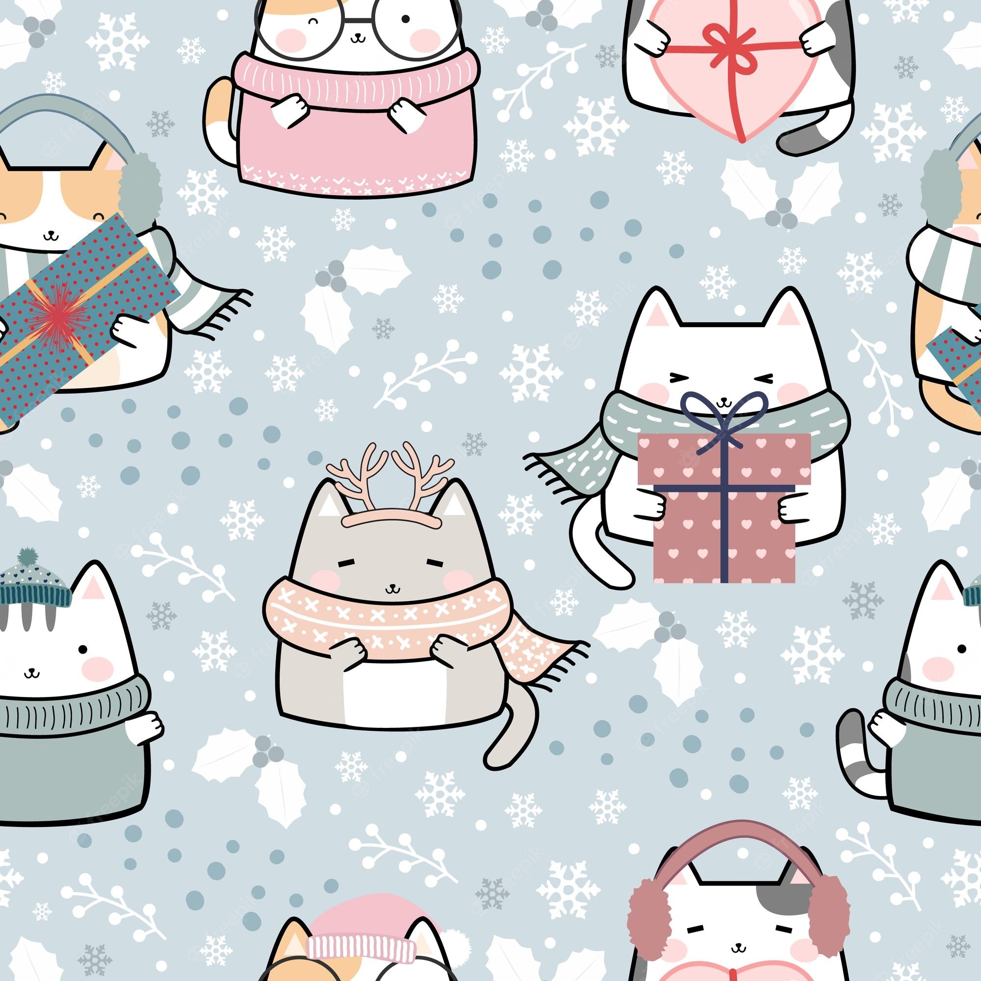 2000x2000 Premium Vector. Seamless pattern christmas kawaii cute cats cartoon animals background vector illustration, Phone