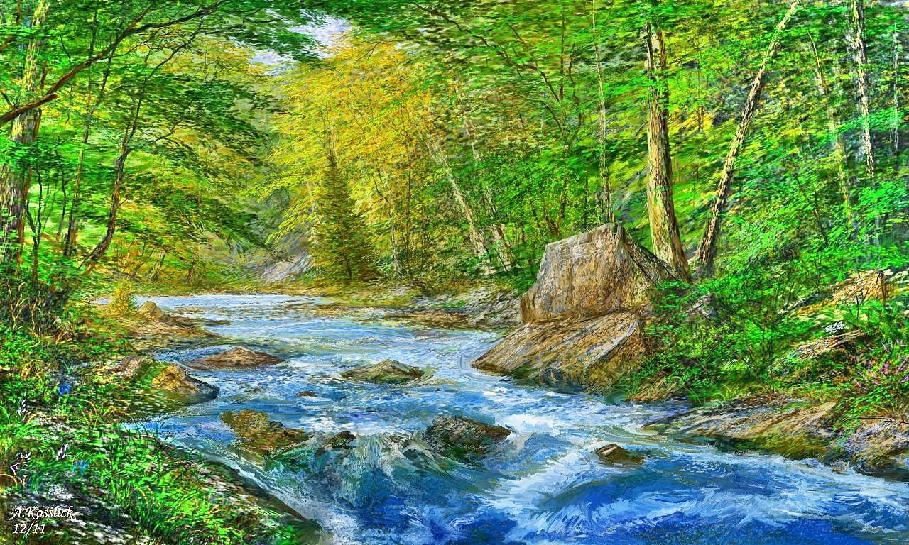 1280x770 Forests: Spring Art Painting Forest Paradise Wild Streams Rocks, Desktop