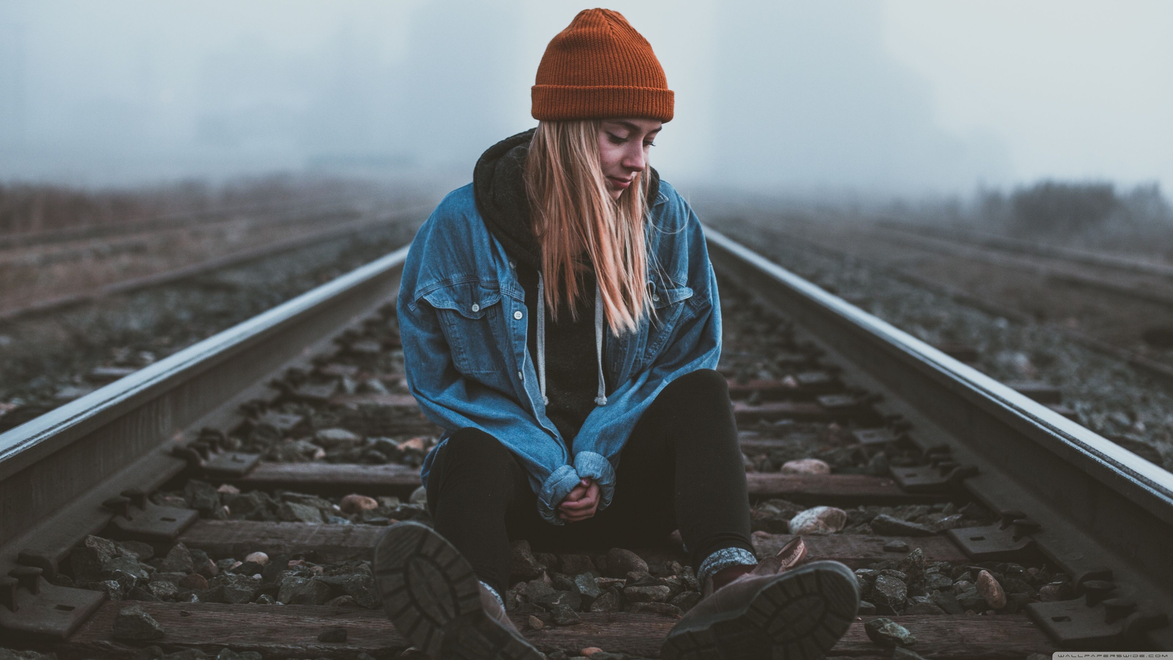 3840x2160 Alone Girl, Silent, Railroad Ultra HD Desktop Background Wallpaper, Desktop