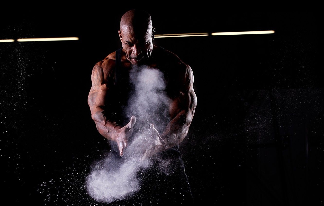 1340x850 Wallpaper squirt, dust, tattoo, tattoo, black background, muscle, muscle, tattoo, motivation, pose, bodybuilder, CT Fletcher, bodybuilder, Plush beard, City Fletcher image for desktop, section мужчины, Desktop