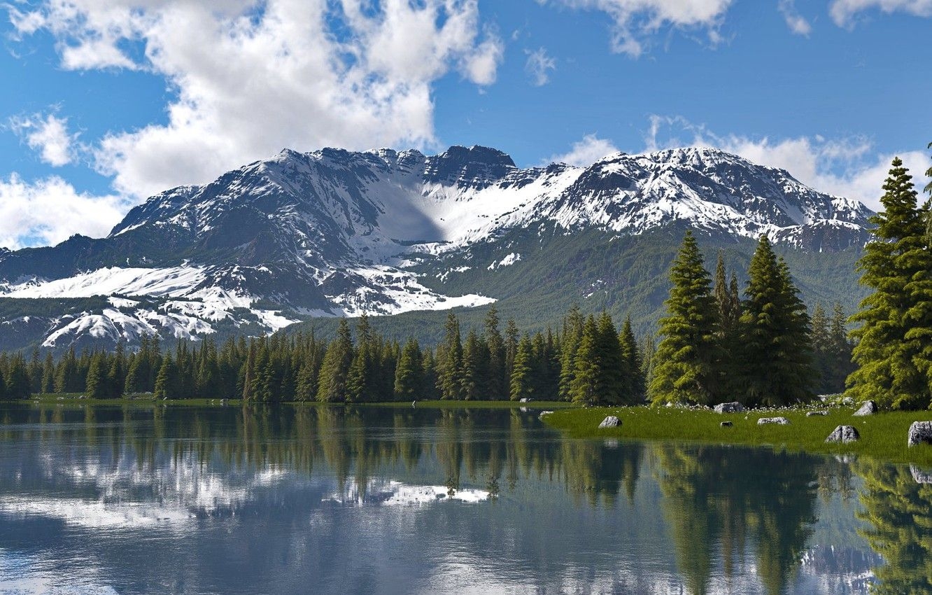 1340x850 Wallpaper mountains, nature, vegetation, pond, mount st.helens, Desktop