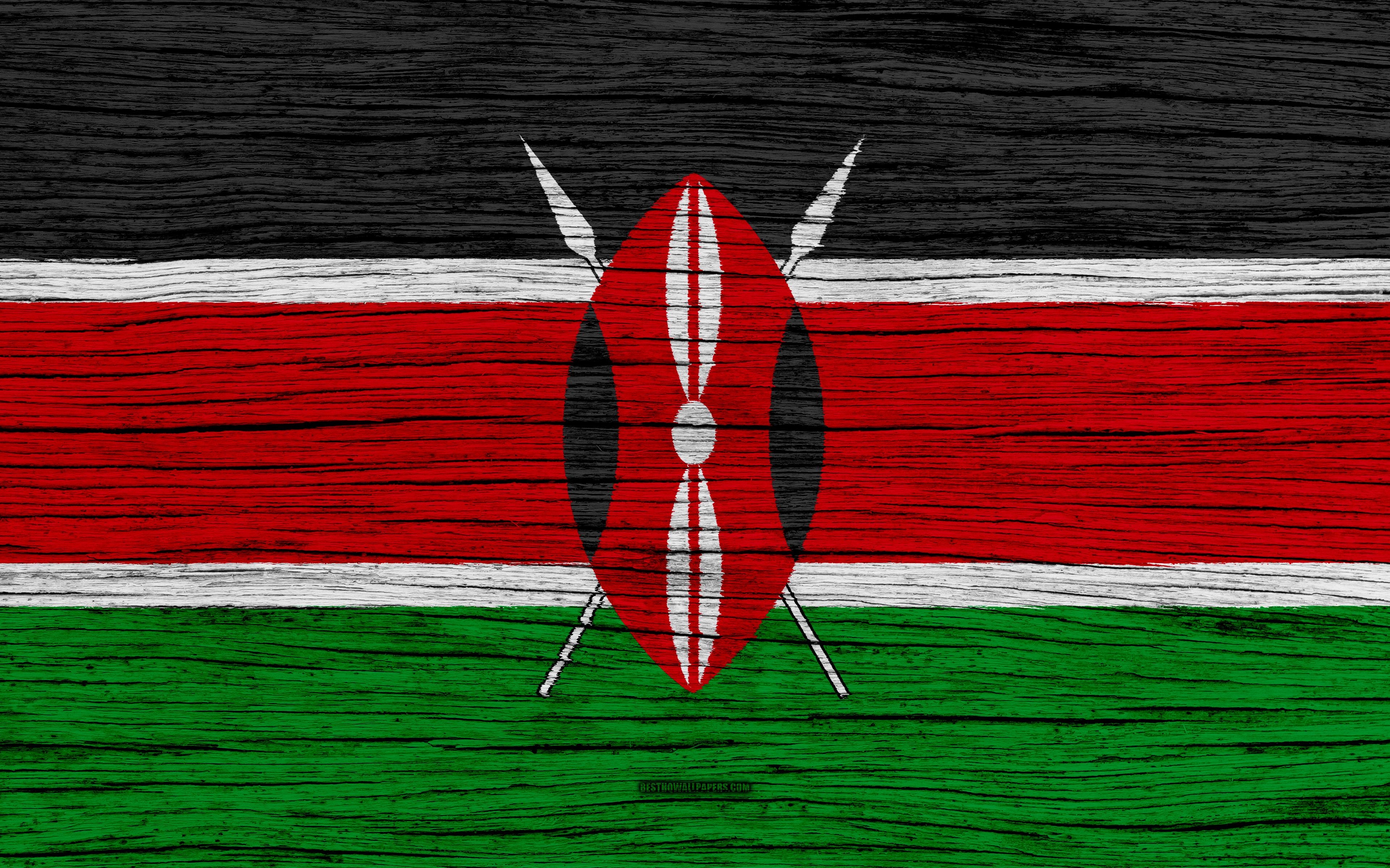 3840x2400 Download wallpaper Flag of Kenya, 4k, Africa, wooden texture, Desktop