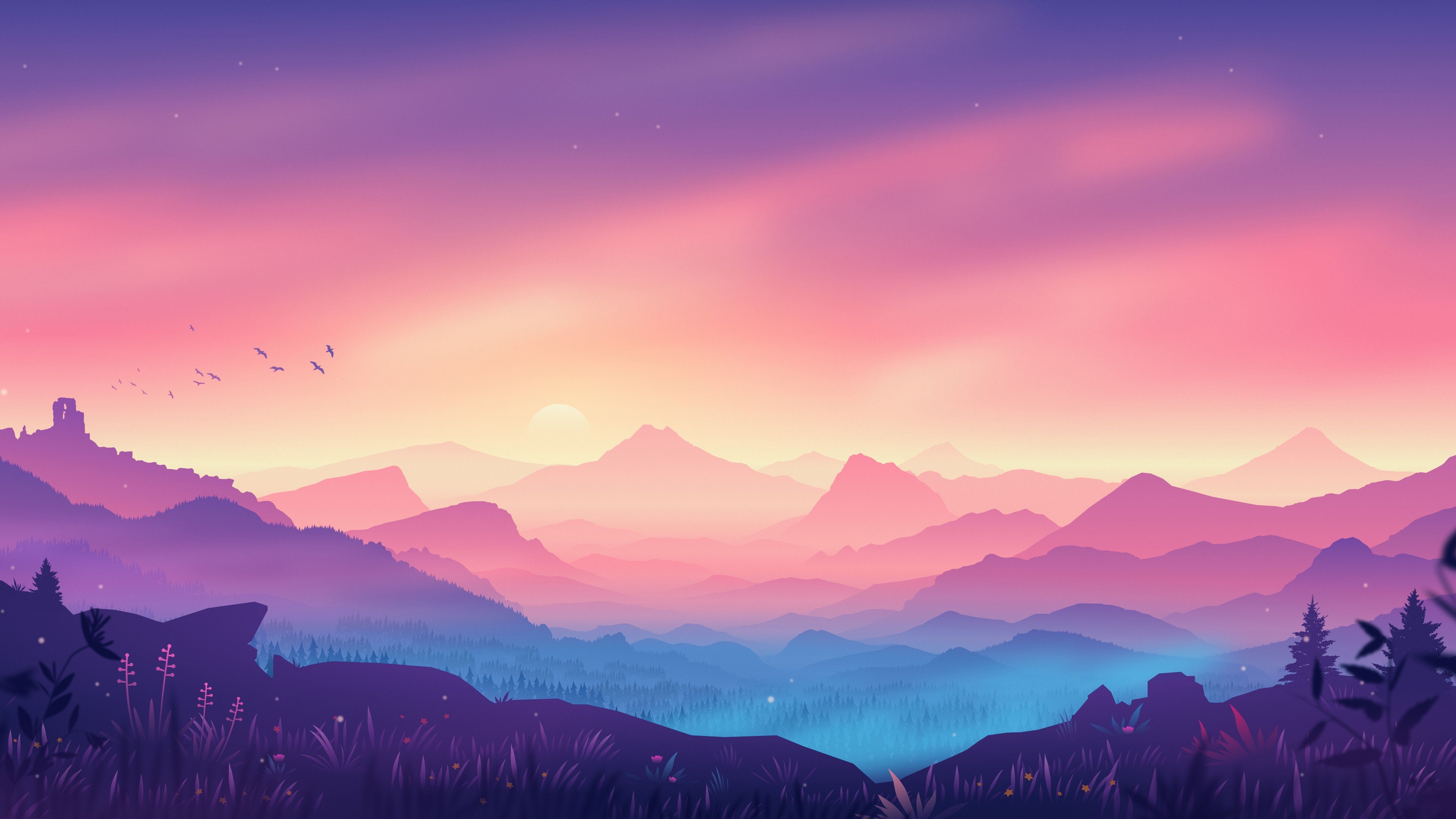 5120x2880 Valley 4K Wallpaper, Landscape, Aesthetic, Mountains, Gradient background, Colorful background, Nature, Desktop