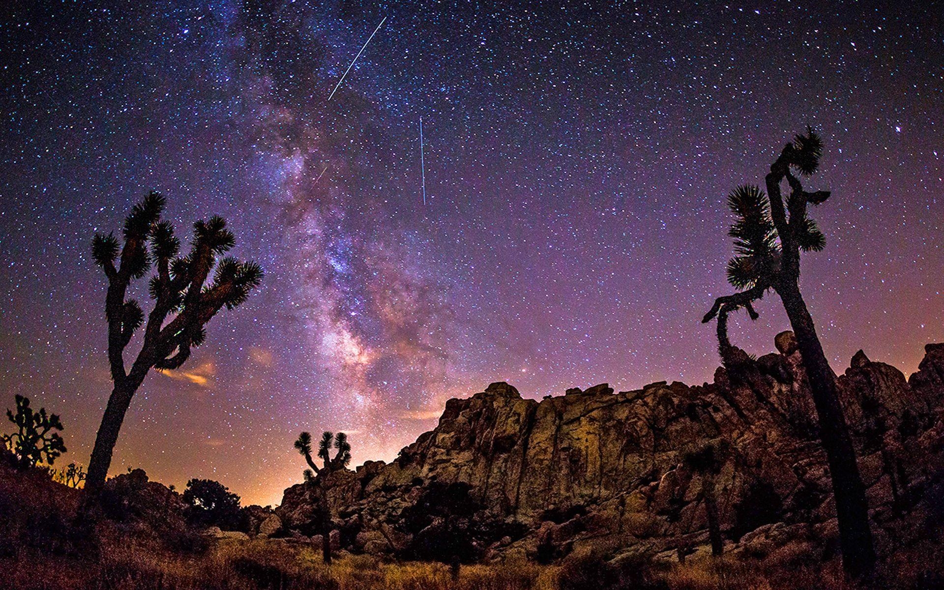 1920x1200 Star Sky In Summer The Milky Way Desert Area With Rock Cactus, Desktop