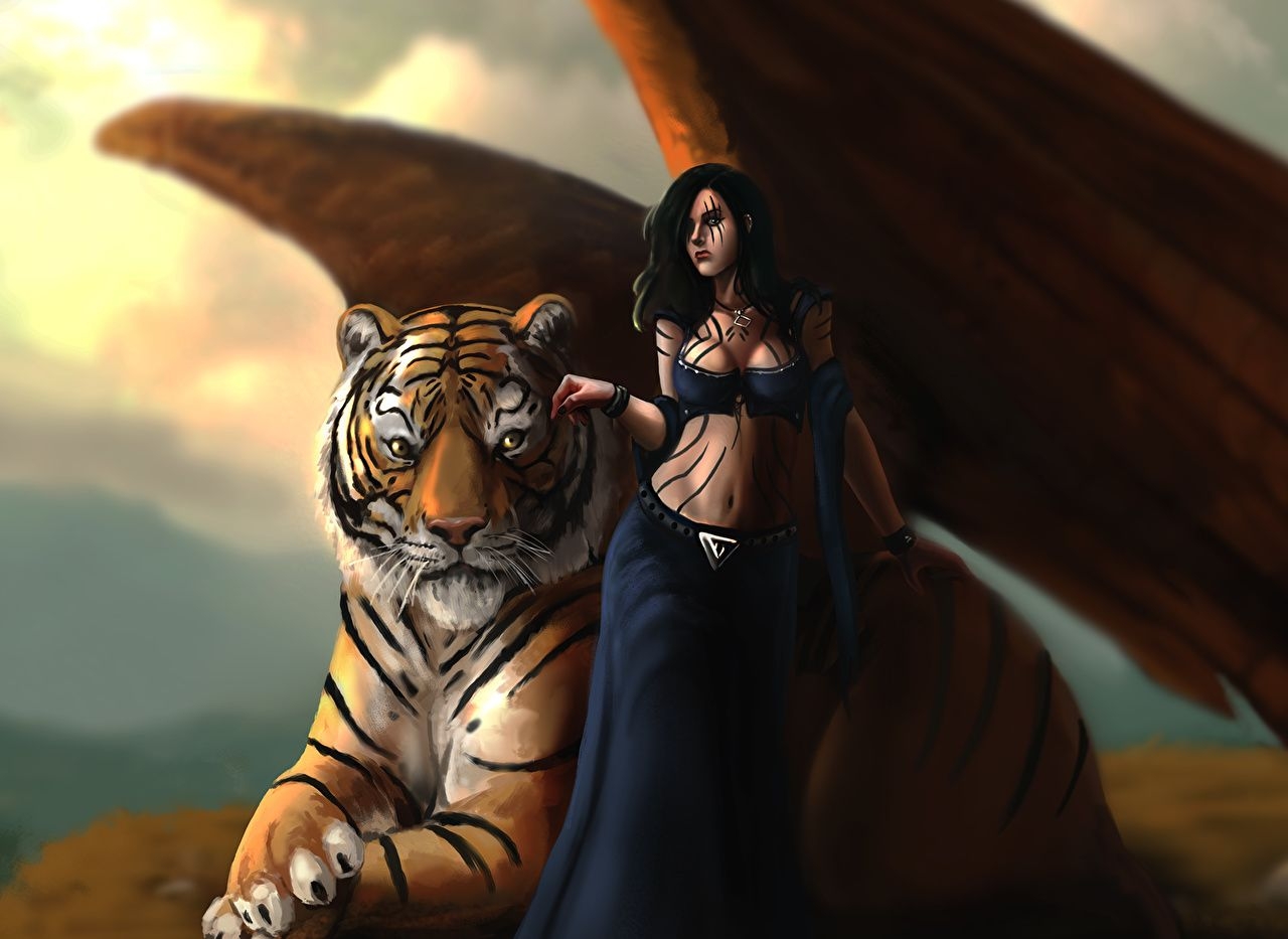 1280x940 image tiger Brown haired Wings Fantasy Magical animals, Desktop